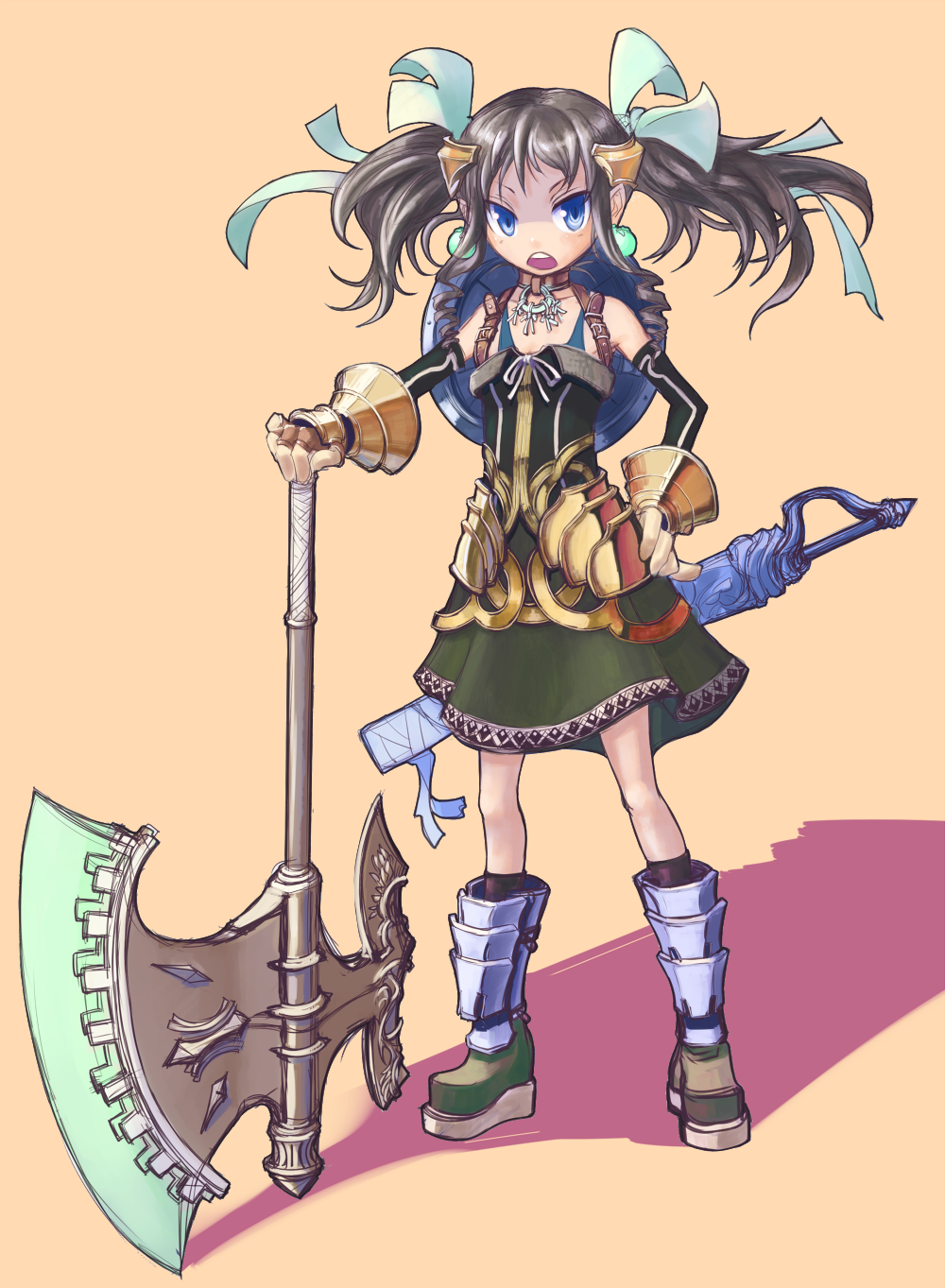 kansou samehada, bad id, bad pixiv id, highres, armor, axe, ribbon, solo, sword, twintails, weapon