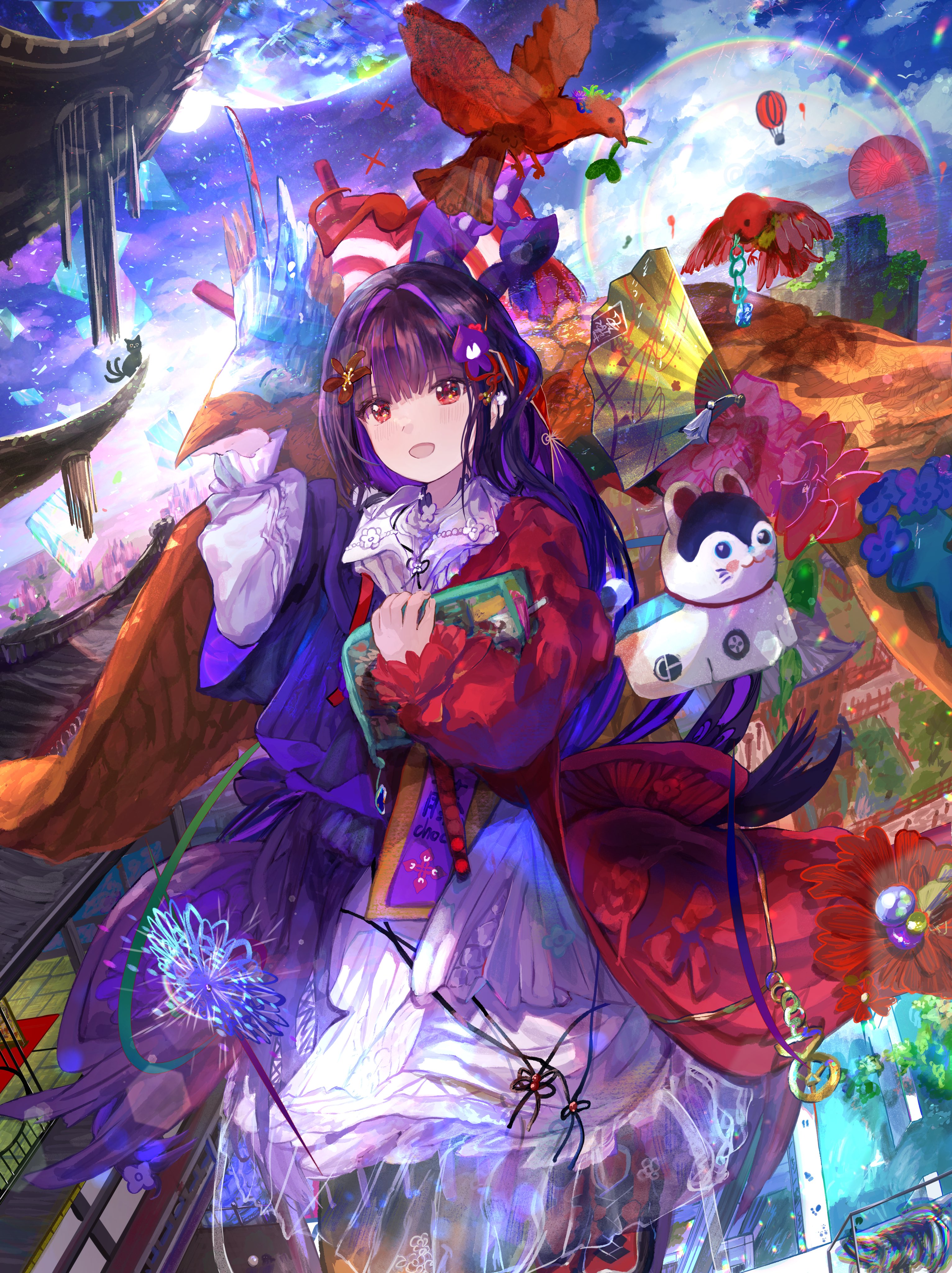 fuzichoco (vtuber), indie virtual youtuber, absurdres, highres, 1girl, :d, architecture, bird, black hair, book, bow, building, colorful, dah1ie, dress, east asian architecture, flower, folding fan, hair ornament, hand fan, holding, holding book, layered clothes, long hair, long sleeves, looking at viewer, multicolored hair, open mouth, outdoors, purple hair, red eyes, red flower, sky, smile, solo, white dress