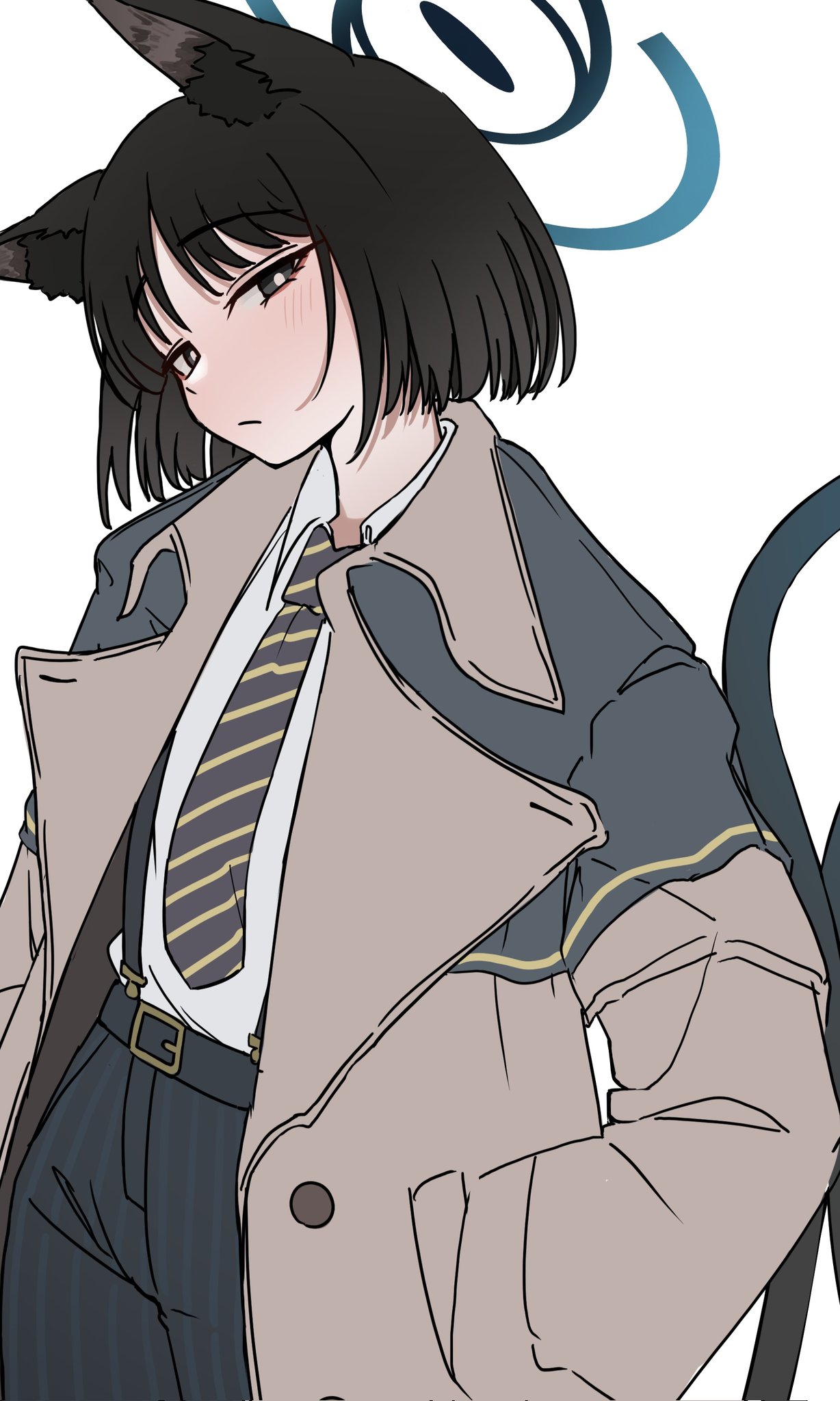 guwall, kikyou (blue archive), blue archive, highres, 1girl, belt, black hair, coat, necktie, pants, short hair, tail, trench coat
