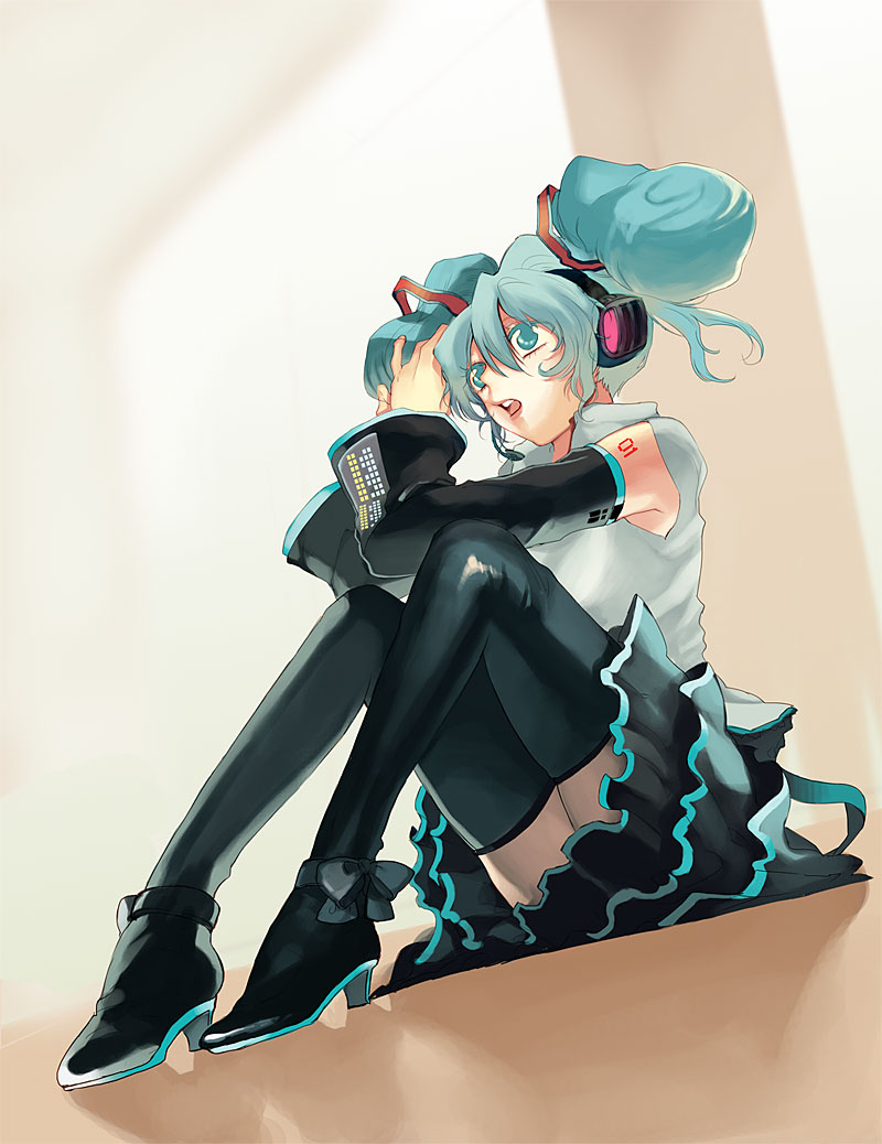 chachie, hatsune miku, vocaloid, bad id, bad pixiv id, 1girl, black thighhighs, blue eyes, blue hair, detached sleeves, female focus, frills, headphones, matching hair/eyes, open mouth, sitting, skirt, solo, thighhighs, twintails