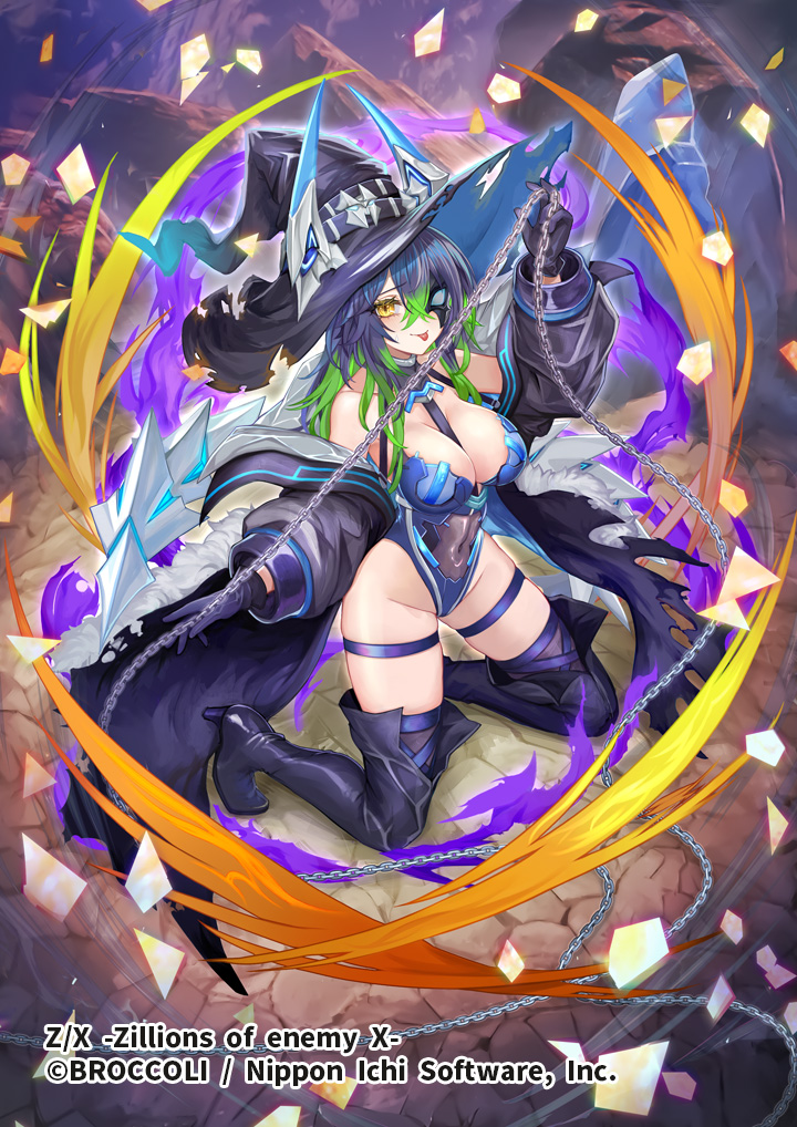 pupps, z/x, official art, 1girl, bare shoulders, black boots, black gloves, black hat, black robe, blue bodysuit, blue hair, bodysuit, boots, breasts, chain, cleavage, closed mouth, copyright notice, covered navel, gloria (z/x), gloves, green hair, hair between eyes, half eye mask, hat, hat ornament, high heel boots, high heels, holding, holding chain, large breasts, long hair, multicolored hair, open clothes, open robe, robe, sitting, solo, thigh boots, thigh strap, tongue, tongue out, wariza, witch hat, yellow eyes
