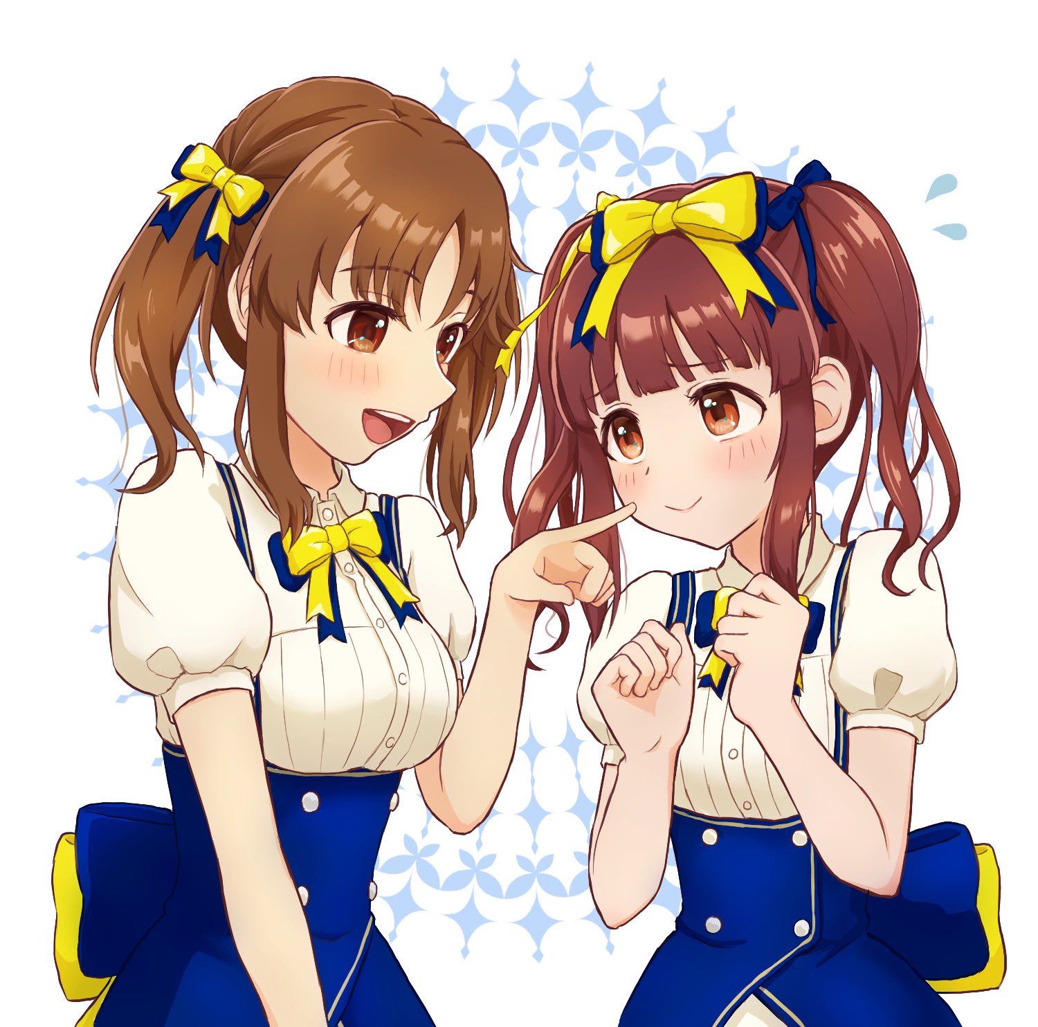 hijirin dere, ogata chieri, totoki airi, idolmaster, idolmaster cinderella girls, idolmaster cinderella girls starlight stage, highres, 2girls, blue ribbon, blunt bangs, brown eyes, brown hair, buttons, closed mouth, double-breasted, eye contact, eyelashes, hair ribbon, high-waist skirt, index finger raised, light blush, long hair, looking at another, multiple girls, open mouth, puffy short sleeves, puffy sleeves, red eyes, red hair, ribbon, shirt, short sleeves, sidelocks, skirt, smile, suspender skirt, suspenders, teeth, twintails, underbust, upper body, upper teeth only, white shirt, yellow ribbon
