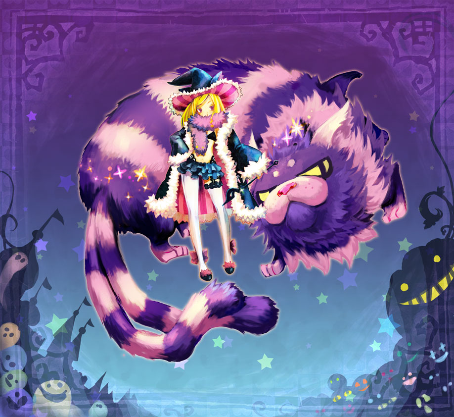 gin (oyoyo), bad id, bad pixiv id, animal ears, bakeneko, blonde hair, cat, cat ears, fake animal ears, halloween, hat, monster, multiple tails, purple eyes, solo, striped tail, tail, two tails, witch hat