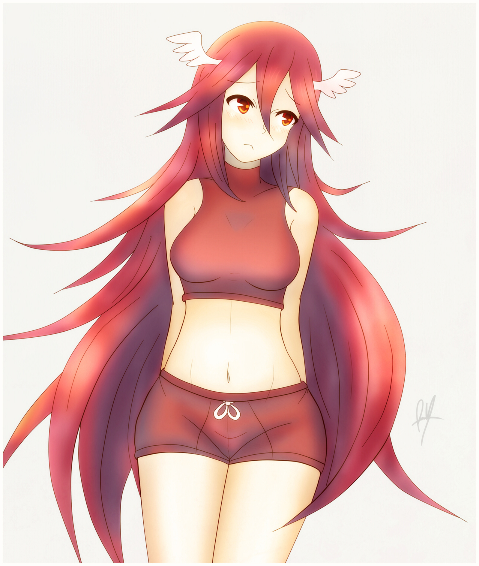 raydango, cordelia (fire emblem), fire emblem, fire emblem warriors, nintendo, highres, 1girl, armor, armpit crease, arms behind back, bare arms, bare legs, boyshort panties, bra, breasts, broken armor, embarrassed, eyelashes, feather hair ornament, female focus, gameplay mechanics, groin, hair between eyes, hair ornament, legs, legs together, light blush, long hair, looking to the side, matching hair/eyes, matching underwear, medium breasts, midriff, navel, official alternate costume, official underwear, panties, red bra, red eyes, red hair, red panties, sidelocks, signature, simple background, sports bra, standing, stomach, thighs, underwear, underwear only, unworn clothes, very long hair, white background