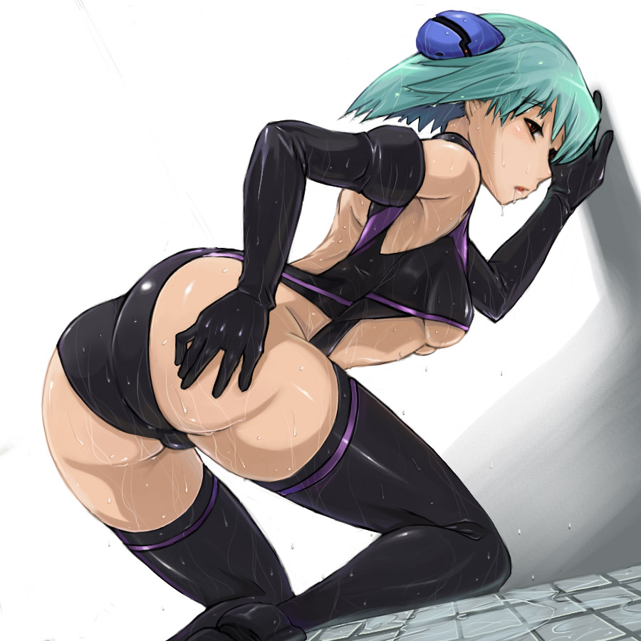 nomiya37564, hisoka, gadget trial, 1girl, ass, breasts, elbow gloves, female focus, gloves, midriff, one-piece swimsuit, short hair, silk, solo, spider web, swimsuit, thighhighs, underboob, wet