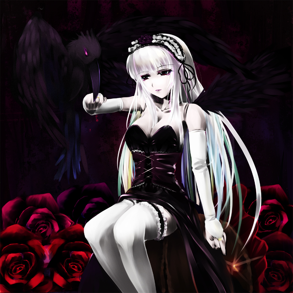 asa (swallowtail), suigintou, rozen maiden, 00s, 1girl, animal on arm, bird, bird on arm, breasts, cleavage, crow, elbow gloves, female focus, flower, gloves, large breasts, long hair, pale skin, red eyes, red flower, red rose, rose, sitting, solo, thighhighs, white hair