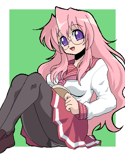 fjt (fjym2), fjym2, takara miyuki, lucky star, bad id, bad pixiv id, lowres, 00s, 1girl, female focus, glasses, oekaki, panties, panties under pantyhose, pantyhose, pantyshot, pink hair, reading, school uniform, serafuku, solo, underwear, upskirt