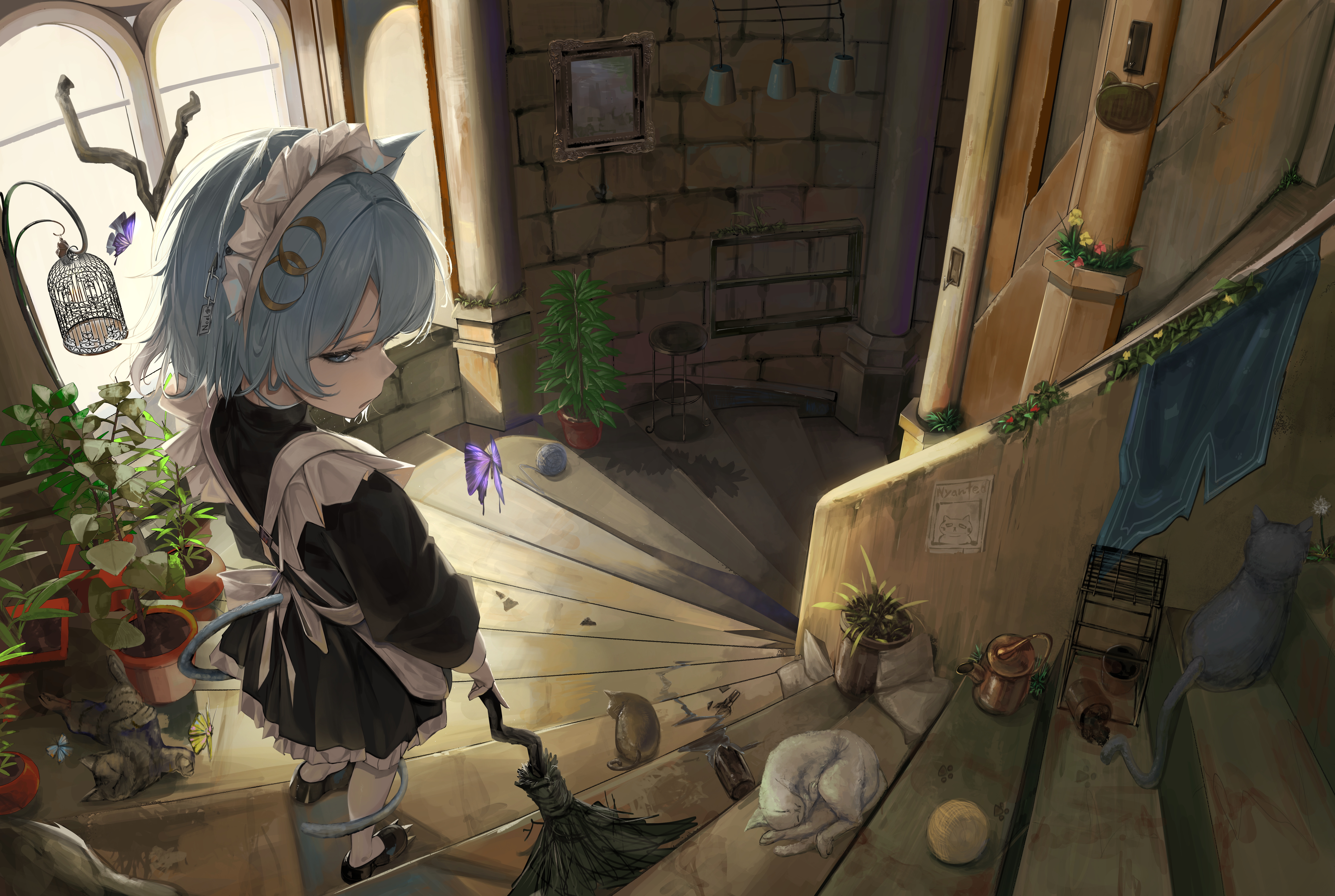 koutannkoburia, original, absurdres, highres, 1girl, animal ears, apron, blue eyes, blue hair, broom, cat, cat ears, cat girl, from behind, looking at viewer, maid, maid apron, maid headdress, pantyhose, shoes, short hair, stairs, tail, white pantyhose