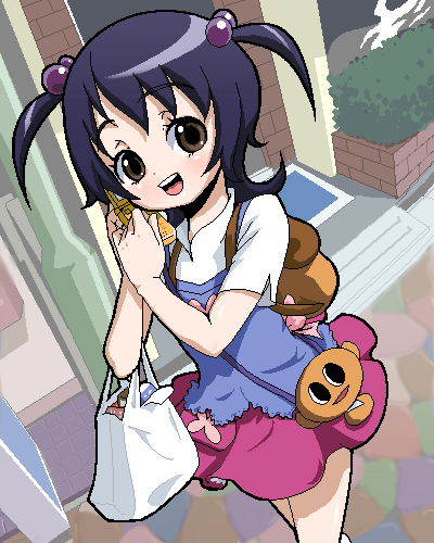 fjt (fjym2), fjym2, amaha rihoko, witchblade, bad id, bad pixiv id, lowres, 00s, 1girl, bag, cellphone, female focus, hair bobbles, hair ornament, oekaki, phone, solo, twintails, two side up