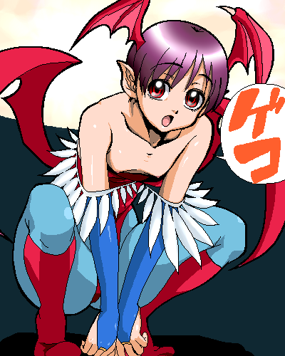 fjt (fjym2), fjym2, lilith (darkstalkers), capcom, darkstalkers, bad id, bad pixiv id, lowres, 1girl, bat wings, demon girl, female focus, flat chest, leotard, nipple slip, nipples, oekaki, pantyhose, pointy ears, purple hair, red eyes, red leotard, solo, squatting, wings