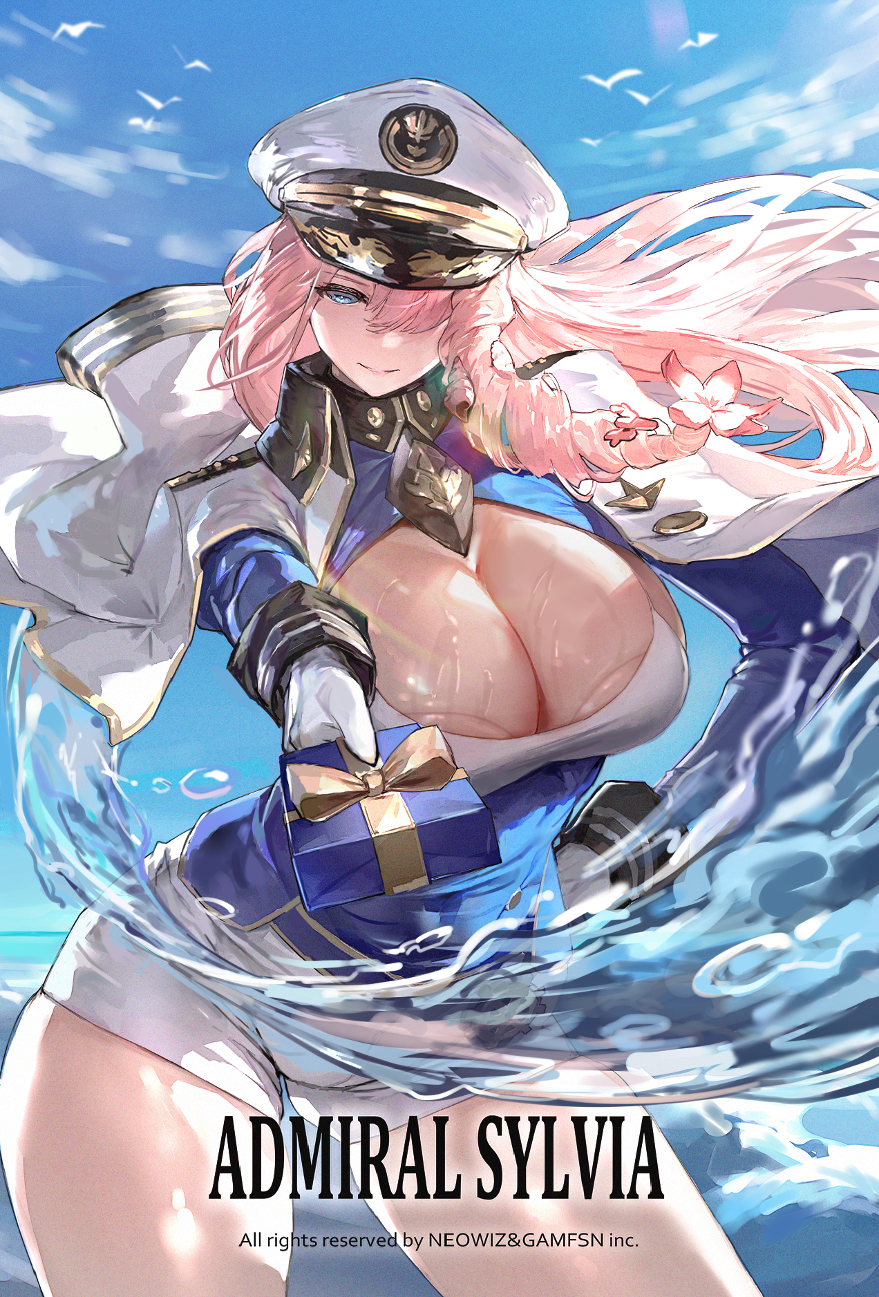 sylvia (admiral) (brown dust), sylvia (brown dust), brown dust (series), brown dust 2, commentary, english commentary, highres, 1girl, blue corset, blue eyes, blue jacket, blue sky, box, breasts, ceezy sauce, cleavage, closed mouth, cloud, corset, cowboy shot, day, drill hair, flower, gift, gift box, gloves, hair between eyes, hair flower, hair ornament, hair over one eye, hand on own hip, hat, holding, holding gift, incoming gift, jacket, jacket on shoulders, large breasts, long hair, looking at viewer, military hat, military jacket, peaked cap, pink hair, short shorts, shorts, side drill, simple bird, sky, smile, solo, standing, very long hair, water, wet, white gloves, white jacket, white shorts