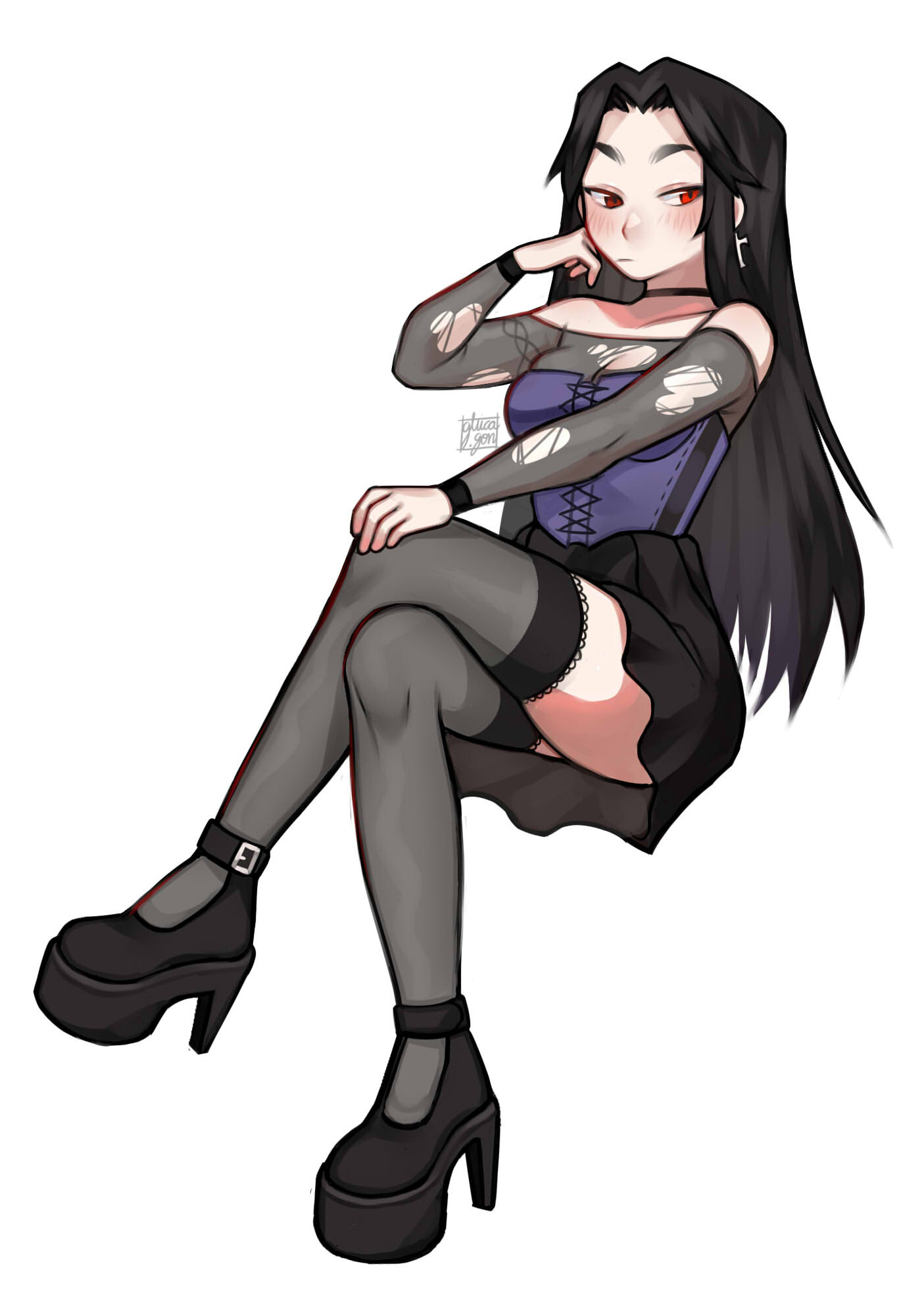 original, commentary, english commentary, highres, 1girl, black choker, black hair, black skirt, black thighhighs, blue corset, bodystocking, breasts, choker, corset, cross, cross earrings, crossed legs, earrings, full body, gluca, high heels, invisible chair, jewelry, long hair, medium breasts, miniskirt, raised eyebrows, red eyes, see-through cleavage, see-through clothes, sitting, skirt, solo, thighhighs, torn bodystocking, torn clothes, zettai ryouiki