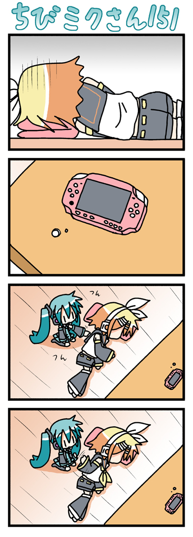minami (colorful palette), chibi miku, hatsune miku, kagamine rin, vocaloid, long image, tall image, 2girls, 4koma, chibi, comic, handheld game console, multiple girls, playstation portable, silent comic, | |