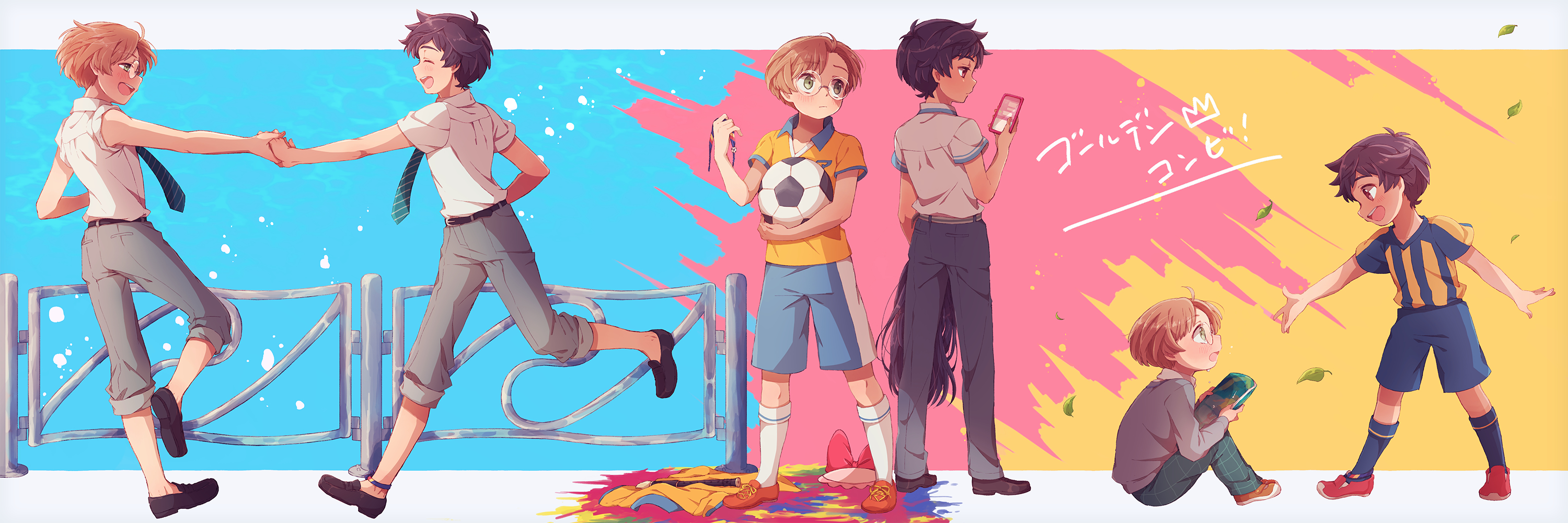 aoya (ayoyame18), jinnai enta, yasaka kazuki, sarazanmai, commentary request, highres, 2boys, ball, black shoes, blue socks, blush, brown hair, capri pants, cellphone, full body, glasses, graffiti, grey pants, holding, holding ball, holding bracelet, holding hands, holding phone, holding wig, looking at another, multiple boys, multiple views, outstretched arm, pants, phone, red shoes, round eyewear, shoes, short hair, short sleeves, shorts, sitting, smartphone, soccer ball, socks, standing, white socks, yaoi