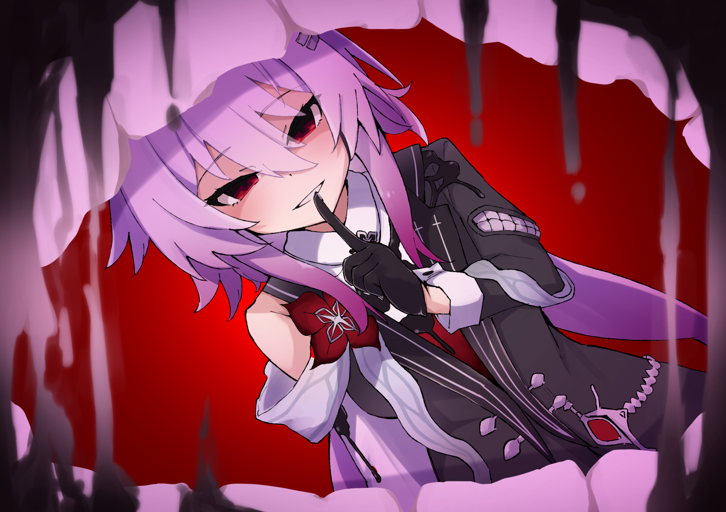 narusakabronze, evernight (honkai: star rail), march 7th (honkai: star rail), honkai: star rail, honkai (series), 1girl, black gloves, finger to mouth, gloves, grin, hair between eyes, long sleeves, looking at viewer, moon, purple hair, red eyes, short hair with long locks, shushing, sidelocks, smile, solo, tree