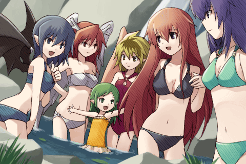tobe sunaho, cierra (riviera), ladie (riviera), molan (riviera), rebecca (riviera), serene (riviera), soala (riviera), riviera, game cg, lowres, 6+girls, bandeau, bikini, blonde hair, blue hair, breasts, child, cleavage, female focus, flat chest, green hair, horns, medium breasts, multiple girls, one-piece swimsuit, pointy ears, purple hair, red hair, short hair, small breasts, standing, strapless, swimsuit, tube top, wading, water, wings