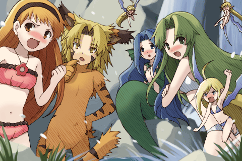 tobe sunaho, coco (riviera), fia (riviera), lyuri (riviera), meute (riviera), mursya (riviera), riviera, fur, game cg, lowres, official art, 6+girls, ahoge, angry, animal ears, bandeau, bikini, blonde hair, blue hair, blush, embarrassed, fairy, female focus, fins, green hair, hairband, head fins, long hair, mermaid, monster girl, multiple girls, navel, open mouth, orange hair, pointy ears, short hair, splashing, strapless, swimsuit, tail, tube top, water, wings