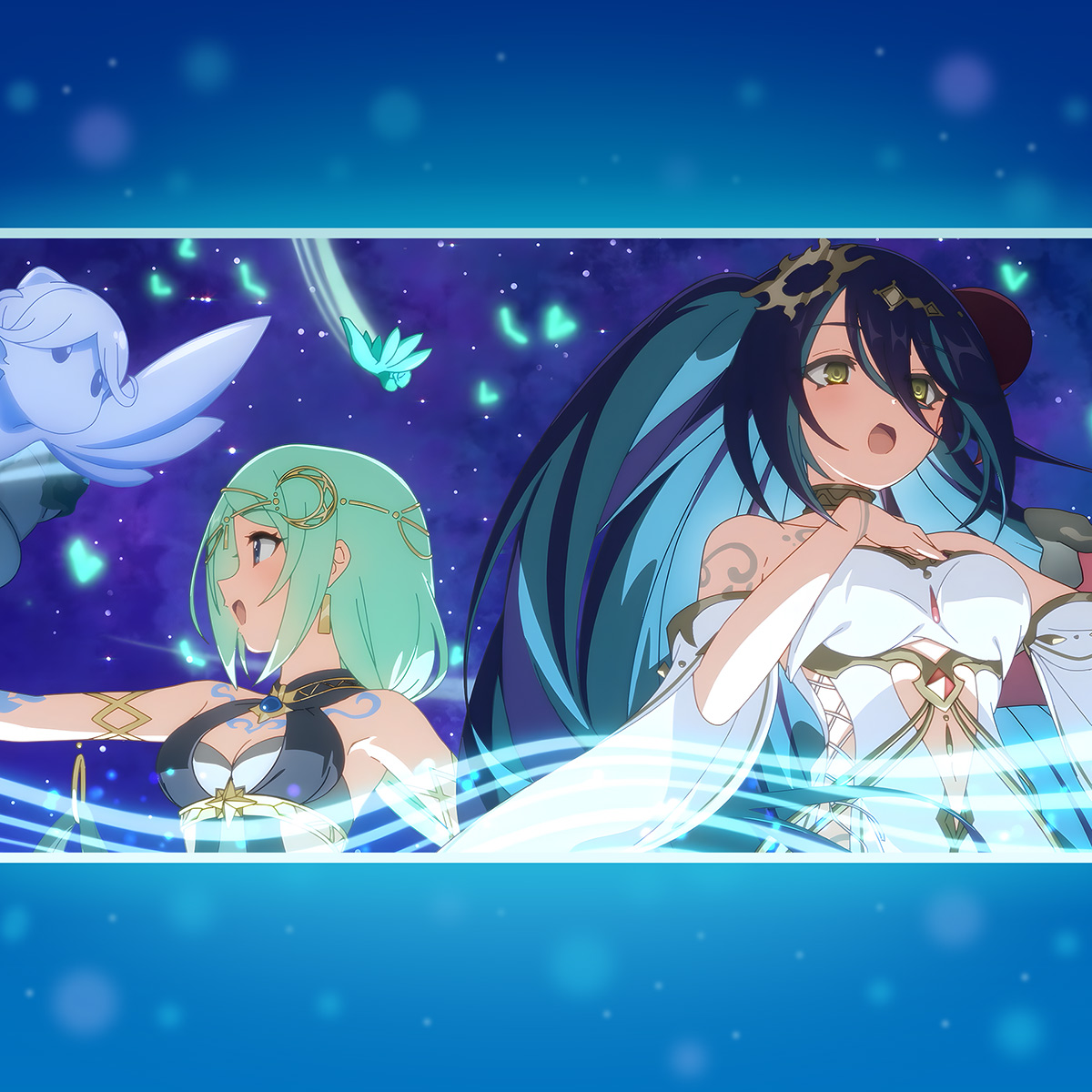 chika (ceremonial) (princess connect!), chika (princess connect!), ranpha (ceremonial) (princess connect!), ranpha (princess connect!), cygames, princess connect!, highres, official art, 2girls, album cover, arm tattoo, bare shoulders, blue eyes, blush, breasts, cleavage, colored inner hair, cover, fairy, green eyes, green hair, hair ornament, hand on own chest, hand up, long hair, medium breasts, multicolored hair, multiple girls, music, musical staff, night, night sky, open mouth, singing, sky, star (sky), starry sky, tattoo, upper body, very long hair