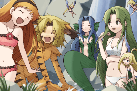 tobe sunaho, coco (riviera), fia (riviera), lyuri (riviera), meute (riviera), mursya (riviera), riviera, fur, game cg, lowres, official art, 6+girls, ahoge, animal ears, bikini, blonde hair, blue hair, closed eyes, everyone, fairy, fang, female focus, fins, green hair, hairband, happy, long hair, mermaid, monster girl, multiple girls, orange hair, pointy ears, short hair, smile, swimsuit, tail, water, wings