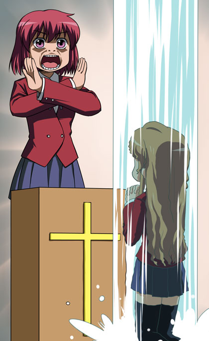 nagian, aisaka taiga, kushieda minori, oretachi hyoukin zoku, toradora!, 2girls, church, cross, multiple girls, o x, parody, thighhighs, water, waterfall