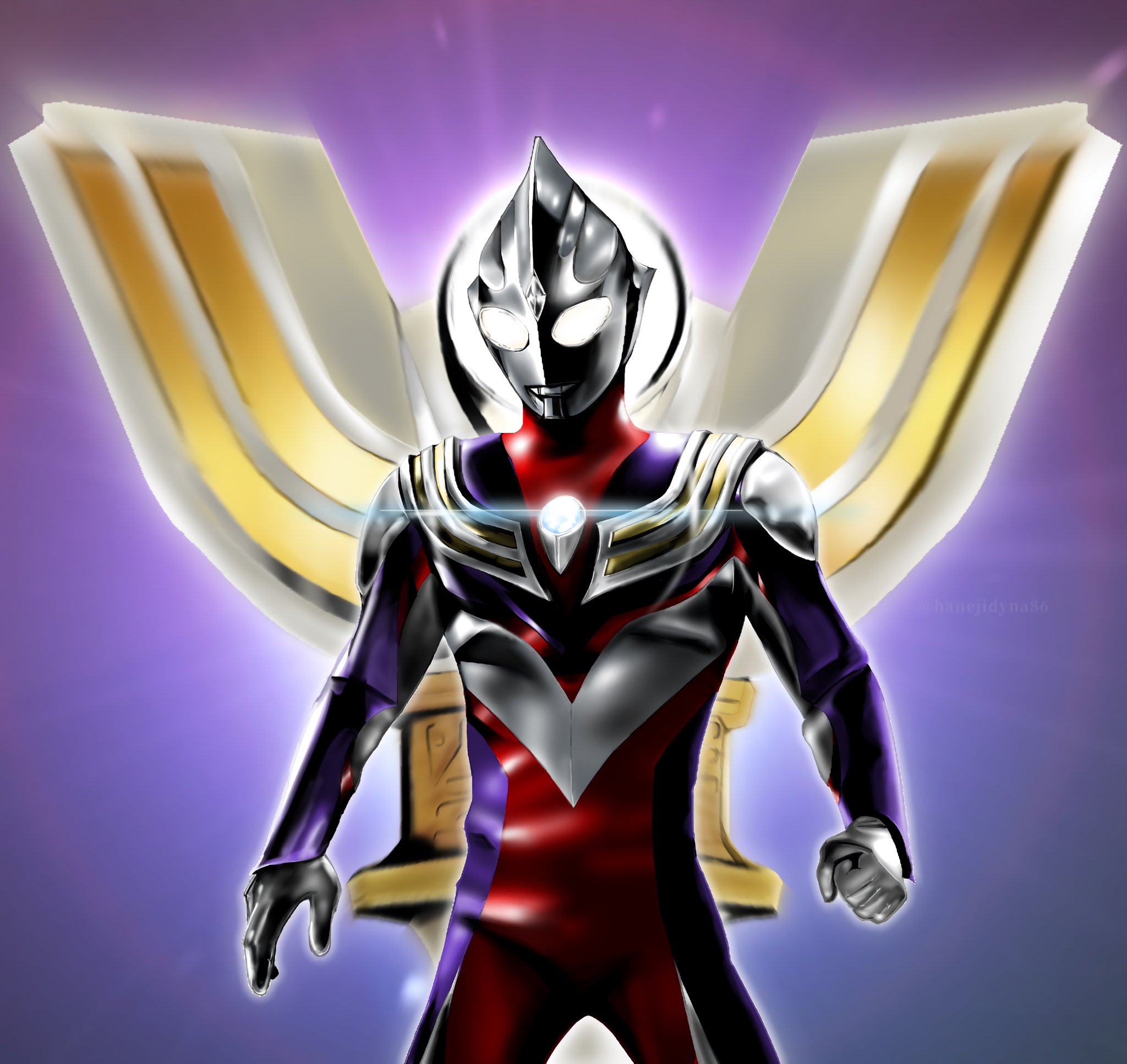 hanejidyna86, ultraman tiga, ultraman tiga (multi type), ultra series, ultraman tiga (series), commentary, highres, 1boy, alien, armor, arms at sides, breastplate, clenched hand, color timer, colored skin, compound eyes, cowboy shot, crystal, dorsal fin, forehead jewel, glint, glowing, glowing eyes, legs apart, looking down, male focus, multicolored skin, no pupils, pectorals, purple background, purple skin, red skin, silver skin, solo, sparklence, standing, tokusatsu, twitter username, white eyes, wrinkled skin