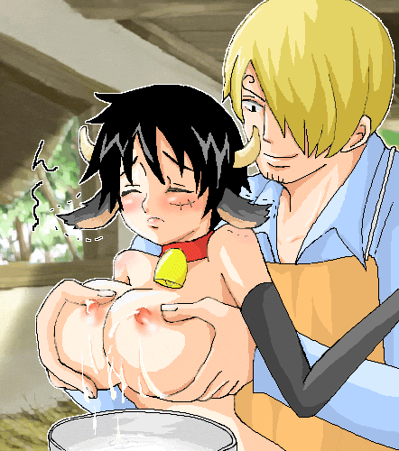 monkey d. luffy, sanji (one piece), one piece, lowres, 1boy, 1girl, animal ears, bell, black hair, blonde hair, breasts, collar, cow ears, genderswap, genderswap (mtf), hair over one eye, horns, lactation, what