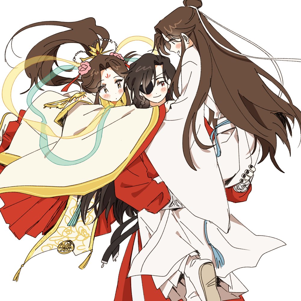 bujang, hua cheng, xie lian, xie lian (flower crowned martial god), tianguan cifu, 3boys, aqua shawl, arms around neck, belt, black belt, black hair, black nails, blush stickers, boots, bracelet, braid, brown hair, carrying, carrying person, chinese clothes, closed mouth, curtained hair, dot nose, dual persona, earrings, expressionless, eyepatch, facing viewer, fingernails, flower, gold trim, hagoromo, hair bun, hair flower, hair ornament, hanfu, high ponytail, huadian, jewelry, long eyelashes, long hair, long sidelocks, long sleeves, looking at another, looking down, loose belt, male focus, multiple boys, ornate clothes, parted bangs, parted lips, pearl earrings, peony (flower), pink flower, ponytail, princess carry, profile, puffy long sleeves, puffy sleeves, red eyes, red hanfu, red yuanlingpao, shawl, side braid, sidelocks, sideways glance, silver bracelet, simple background, single braid, single hair bun, smile, standing, swept bangs, tareme, tassel, tassel hair ornament, time paradox, tsurime, very long hair, white background, white boots, white hanfu, wide sleeves, xiao guan (headdress), yellow eyes, yellow shawl, yuanlingpao