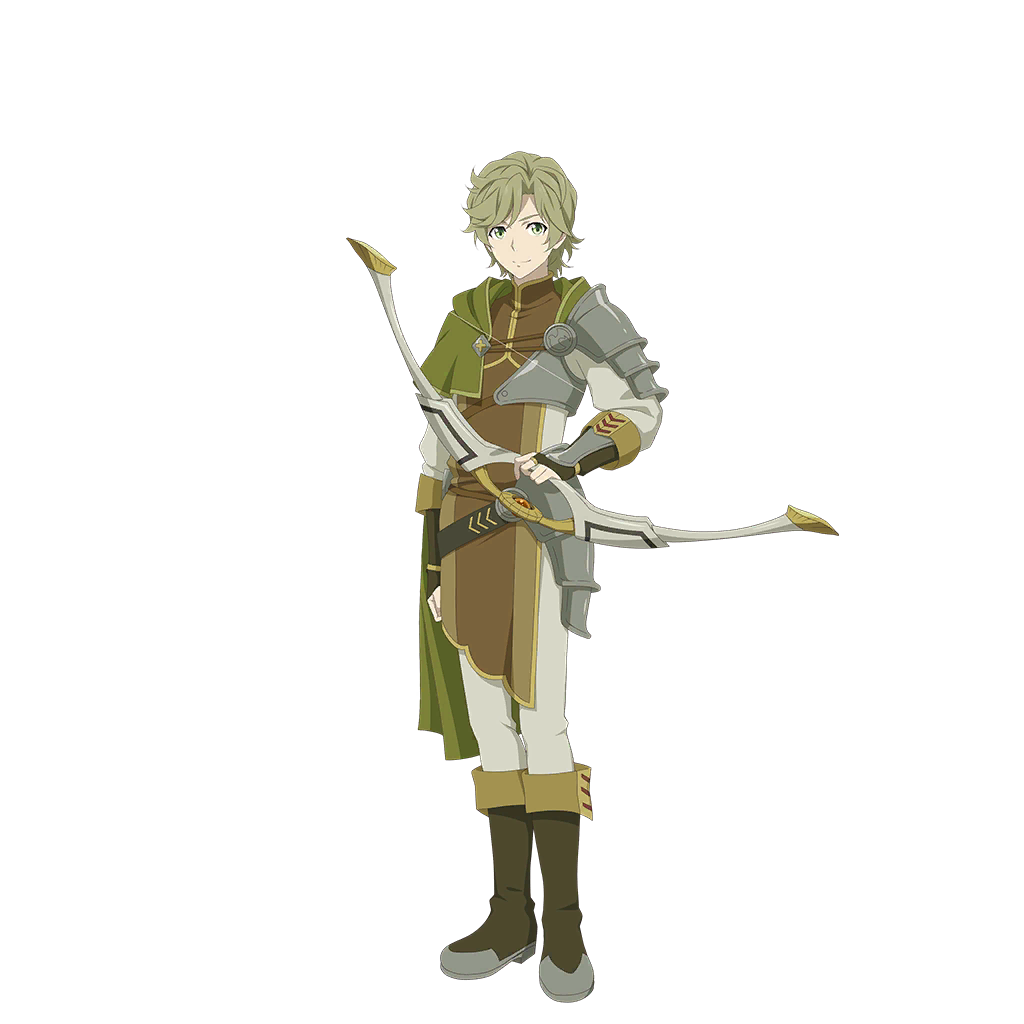 kawasumi itsuki, tate no yuusha no nariagari, tate no yuusha no nariagari rerise, artist request, check clothing, clothing request, game cg, official art, 1boy, armor, armored boots, armored gloves, blonde hair, boots, bow (weapon), brown boots, brown gloves, brown tunic, cape, closed mouth, collared tunic, elbow gloves, fingerless gloves, forehead, full body, gloves, green cape, green eyes, hand up, high collar, holding, holding bow (weapon), holding weapon, knee boots, legendary bow (small bow) (tate no yuusha no nariagari), legendary bow (tate no yuusha no nariagari), light smile, long sleeves, looking at viewer, male focus, messy hair, muneate, pants, parted bangs, pauldrons, shirt, short hair, shoulder armor, sidelocks, simple background, single pauldron, sleeveless tunic, solo, standing, tachi-e, transparent background, tunic, turtleneck tunic, v-shaped eyebrows, weapon, white pants, white shirt