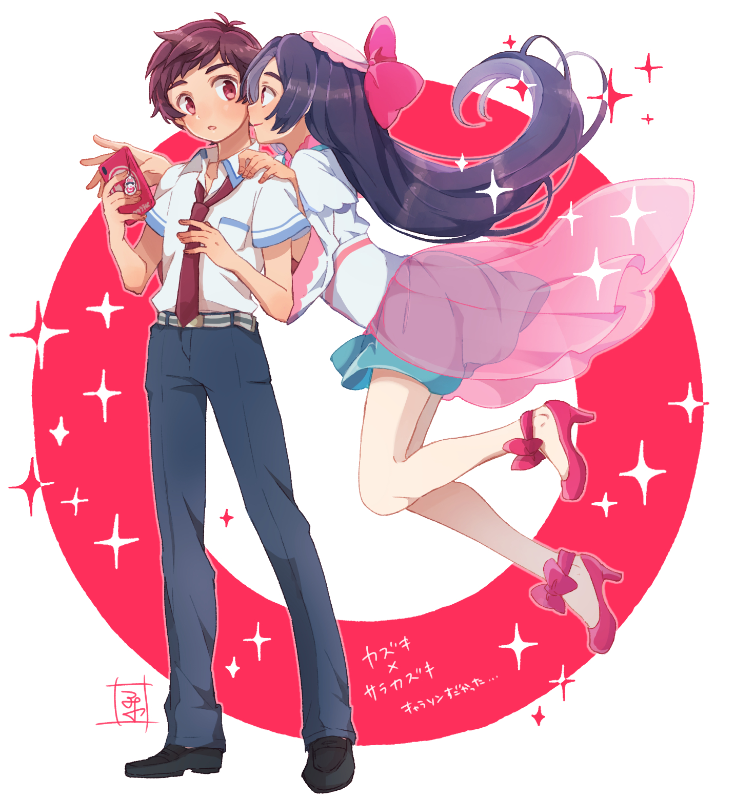 aoya (ayoyame18), azuma sara, yasaka kazuki, sarazanmai, commentary request, highres, translation request, 1boy, azuma sara (cosplay), belt, black pants, blue skirt, bow, brown hair, cellphone, clone, collared shirt, cosplay, crossdressing, crossdressing (mtf), dual persona, floating, full body, grey pants, hand on another's shoulder, hat, high heels, holding, holding phone, japanese clothes, kimono, long hair, male focus, necktie, pants, parted lips, phone, pink bow, pink hat, purple hair, red necktie, shirt, short hair, showgirl skirt, skirt, smartphone, sparkle, white kimono