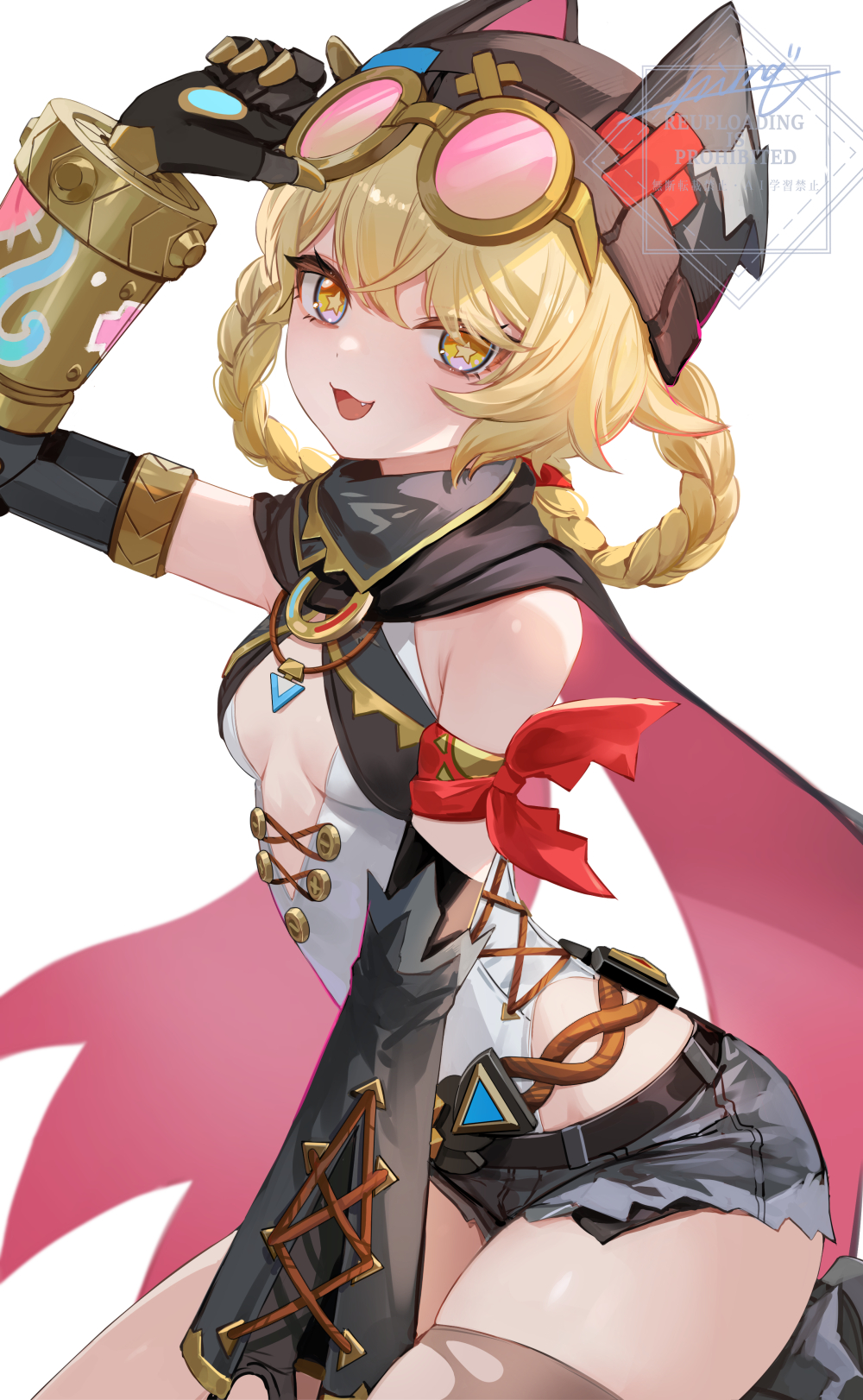 nima (niru54), jahoda (genshin impact), genshin impact, commentary, highres, 1girl, adjusting eyewear, animal ear headwear, bandana, bandana around arm, beanie, black cape, black hat, black shorts, blonde hair, braid, braided hair rings, breasts, cape, center opening, cross-laced clothes, detached sleeves, eyewear on head, fake animal ears, fang, goggles, goggles on head, hair rings, hat, highleg, highleg leotard, kneeling, leotard, leotard under clothes, looking at viewer, open mouth, pants, pink-tinted eyewear, prosthesis, prosthetic arm, red bandana, short shorts, shorts, simple background, small breasts, smile, solo, star-shaped pupils, star (symbol), symbol-shaped pupils, thighhighs, tinted eyewear, torn clothes, torn pants, torn thighhighs, white background, white leotard, yellow eyes