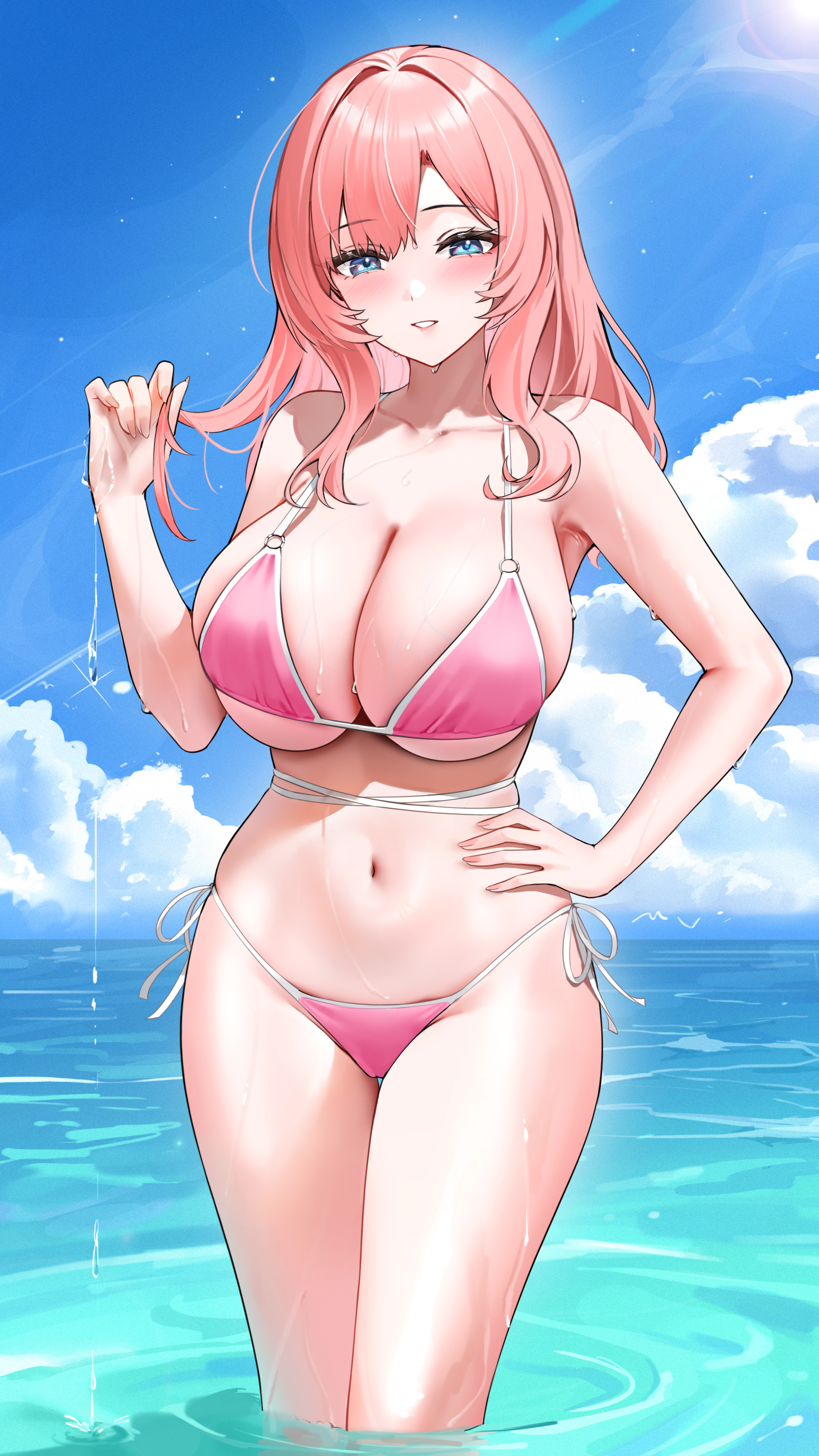 qing wu, kazan (azur lane), azur lane, absurdres, commentary, commission, highres, pixiv commission, 1girl, armpits, bare arms, bare shoulders, bikini, blue eyes, breasts, cameltoe, cleavage, collarbone, day, grin, halterneck, hand on own hip, hand up, holding, holding own hair, large breasts, long hair, looking at viewer, navel, outdoors, pink bikini, pink hair, side-tie bikini bottom, smile, solo, stomach, strap gap, string bikini, sunlight, swimsuit, thighs, wading, water, wet
