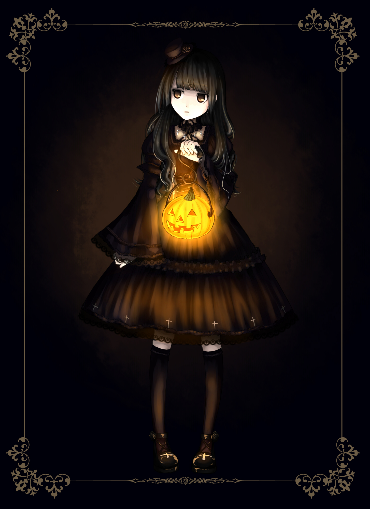 kazuharu kina, kimi ni todoke, original, highres, 00s, 1girl, black hair, brown eyes, dark, dress, female focus, goth fashion, gothic lolita, halloween, jack-o'-lantern, lamp, lolita fashion, pumpkin, solo, yellow eyes