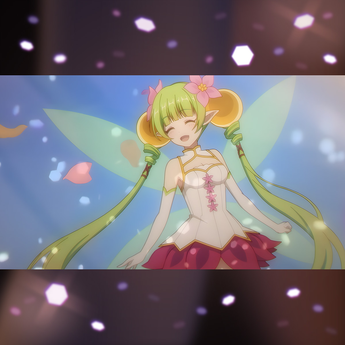 fio (princess connect!), cygames, princess connect!, highres, official art, 1girl, album cover, bare shoulders, blue sky, blunt bangs, cover, dress, elbow gloves, english text, fairy, fairy wings, flower, flower ornament, gloves, green hair, hair flower, hair ornament, hexagon, long hair, open mouth, petals, pointy ears, sky, smile, solo, white gloves, wings