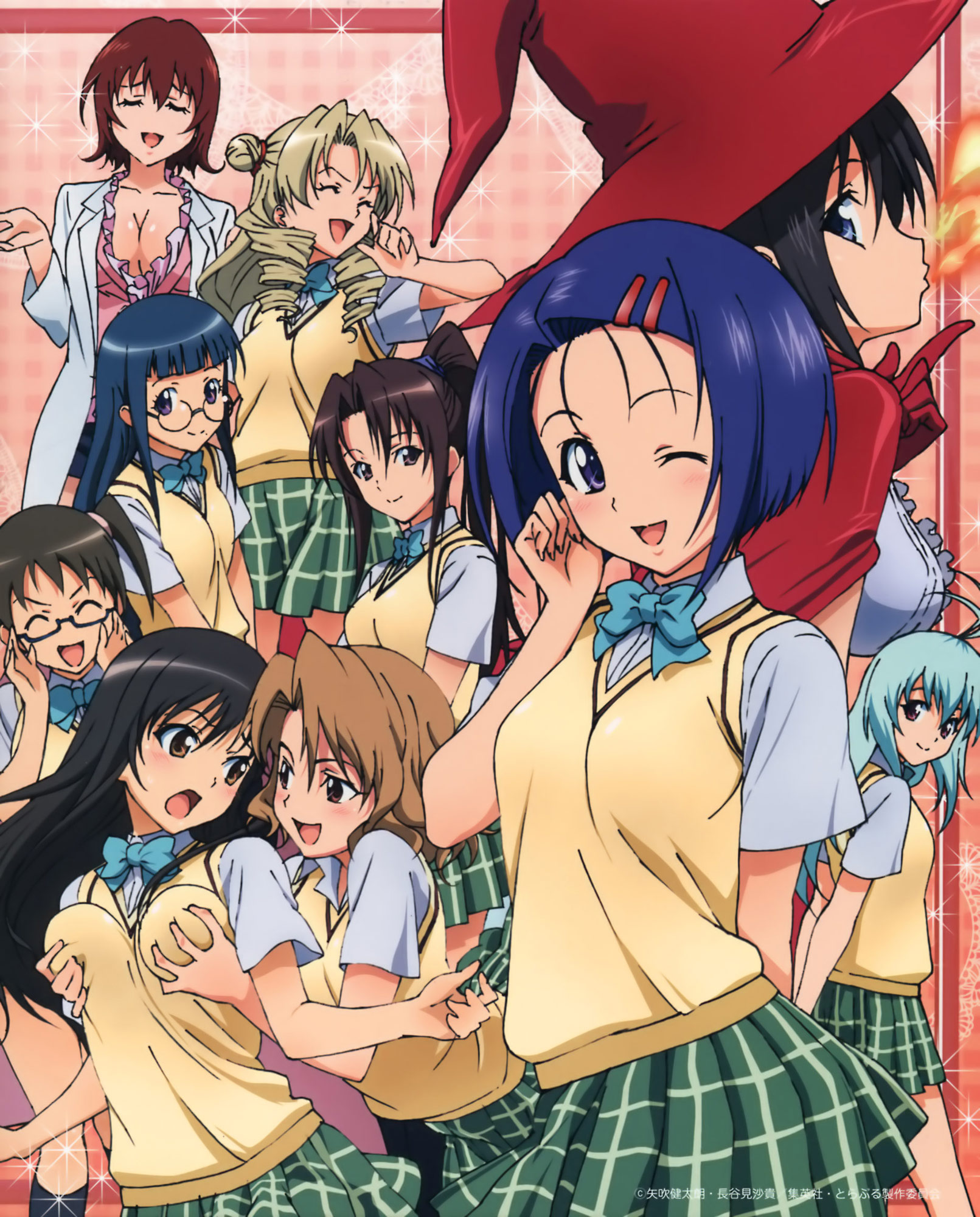 takami akio, fujisaki aya (to love-ru), kirisaki kyouko, kirisaki kyouko (toloveru), kotegawa yui, kujou rin, mikado ryouko, momioka risa, run elsie jewelria, sairenji haruna, sawada mio, tenjouin saki, black cat (series), to love-ru, highres, non-web source, 00s, 6+girls, black hair, blonde hair, blue eyes, blue hair, blush, bow, breasts, brown eyes, brown hair, cleavage, closed eyes, drill hair, female focus, glasses, grabbing another's breast, green hair, groping, hat, lab coat, long hair, multiple girls, one eye closed, plaid clothes, plaid skirt, ponytail, purple eyes, school uniform, serafuku, short hair, skirt, twintails, wink, witch hat