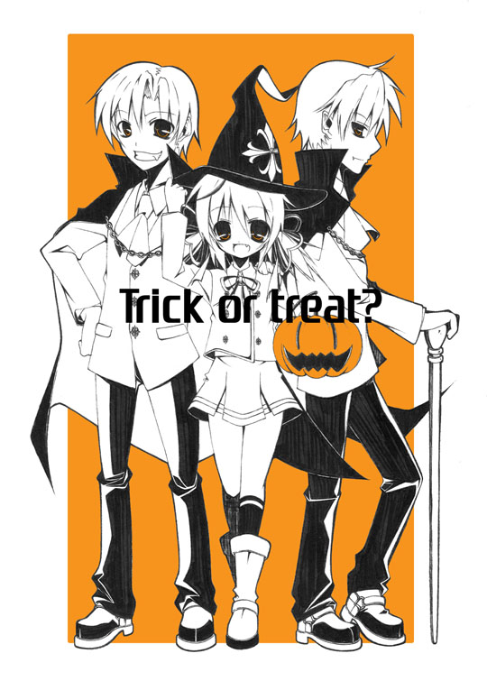nagatsuki (nyagatsuki), okazaki tomoya, sunohara mei, sunohara youhei, clannad, pixiv, 00s, 1girl, 2boys, halloween, jack-o'-lantern, multiple boys, orange background, pumpkin, short hair, trick or treat