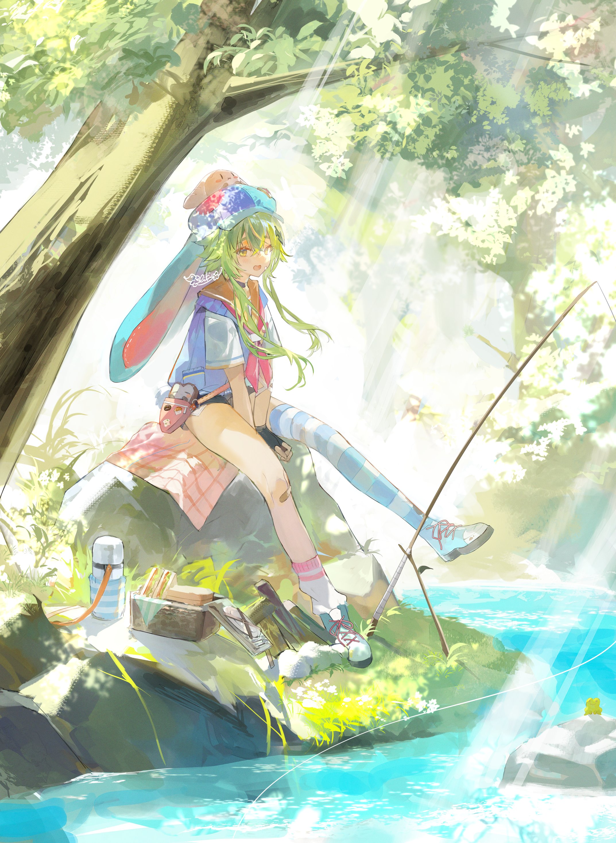 shikina (mochigushi ), absurdres, character request, copyright request, highres, 1girl, animal ears, bandaid, bandaid on leg, blue thighhighs, fingerless gloves, fishing, fishing rod, food, gloves, grass, green eyes, green hair, holding, holding fishing rod, looking at viewer, open mouth, outdoors, picnic, picnic basket, rock, sailor collar, sandwich, shirt, shoes, single thighhigh, sitting, smile, sneakers, solo, striped clothes, striped thighhighs, thermos, thighhighs, tree, water