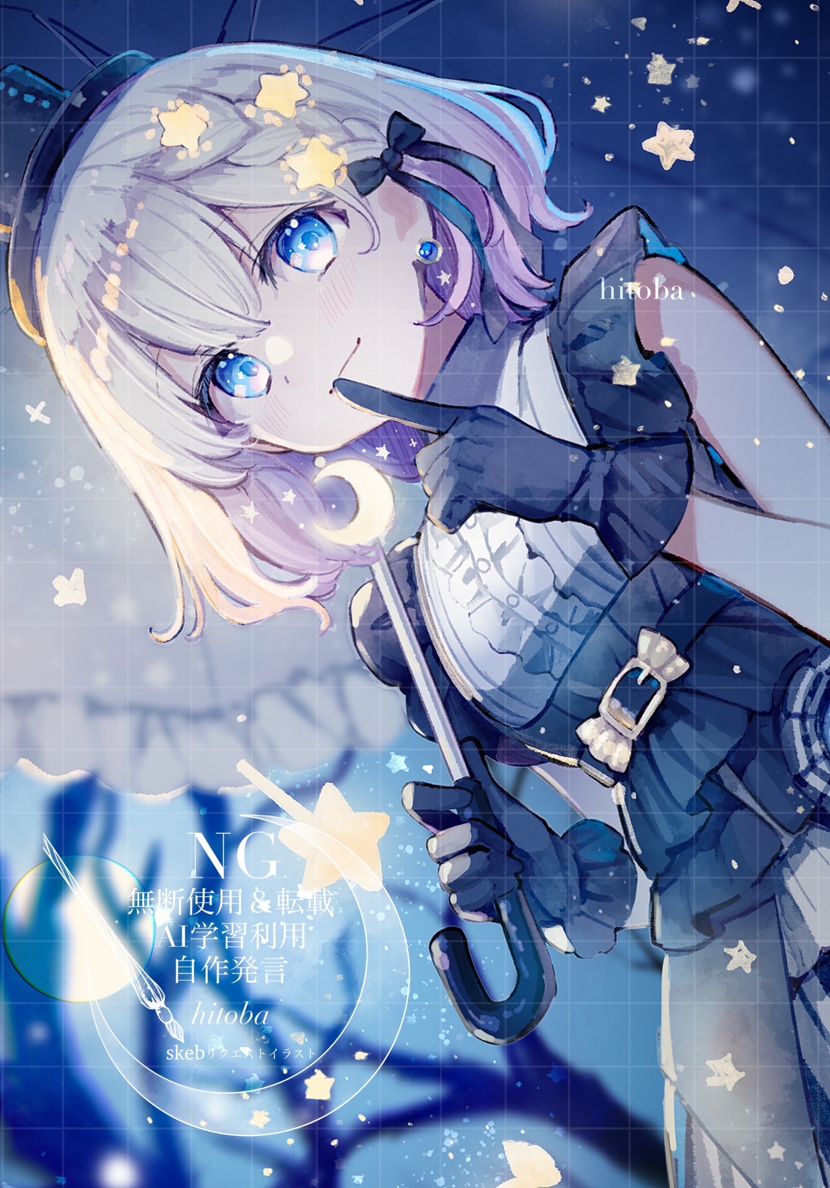 hitoba, original, highres, 1girl, belt, belt buckle, black belt, black gloves, blue eyes, blurry, blurry background, bow, buckle, center frills, chinese text, closed mouth, crescent, dress, dutch angle, earrings, finger to mouth, frills, gloves, hat, holding, holding umbrella, jewelry, looking at viewer, shirt, short hair, sleeveless, smile, solo, star (symbol), umbrella, watermark, white hair, white shirt
