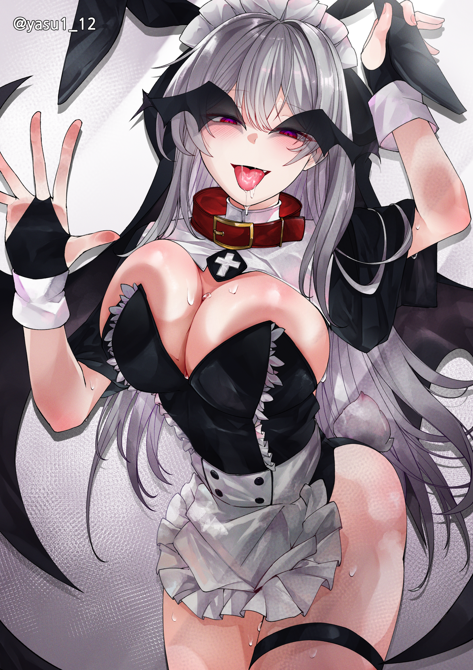 haagyu, original, highres, 1girl, against fourth wall, animal ear hairband, animal ears, apron, ass, black gloves, blush, breast press, breasts, bridal gauntlets, collar, demon girl, demon wings, double-parted bangs, drooling, facing viewer, fake animal ears, fake tail, fang, gloves, grey hair, guimpe, hair between eyes, hairband, hand on headwear, head wings, huge breasts, long hair, looking at viewer, maid, maid apron, maid headdress, maid leotard, nontraditional playboy bunny, rabbit ears, red collar, red eyes, saliva, solo, sweat, tail, thigh strap, tongue, tongue out, unconventional maid, veil, very long hair, white background, wings, wings over eyes