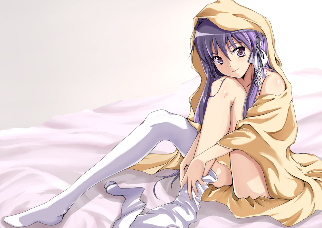 warabino matsuri, fujibayashi kyou, clannad, 00s, 1girl, bed sheet, female focus, legs, long hair, naked sheet, purple eyes, purple hair, ribbon, smile, socks, solo, thighhighs, thighhighs pull
