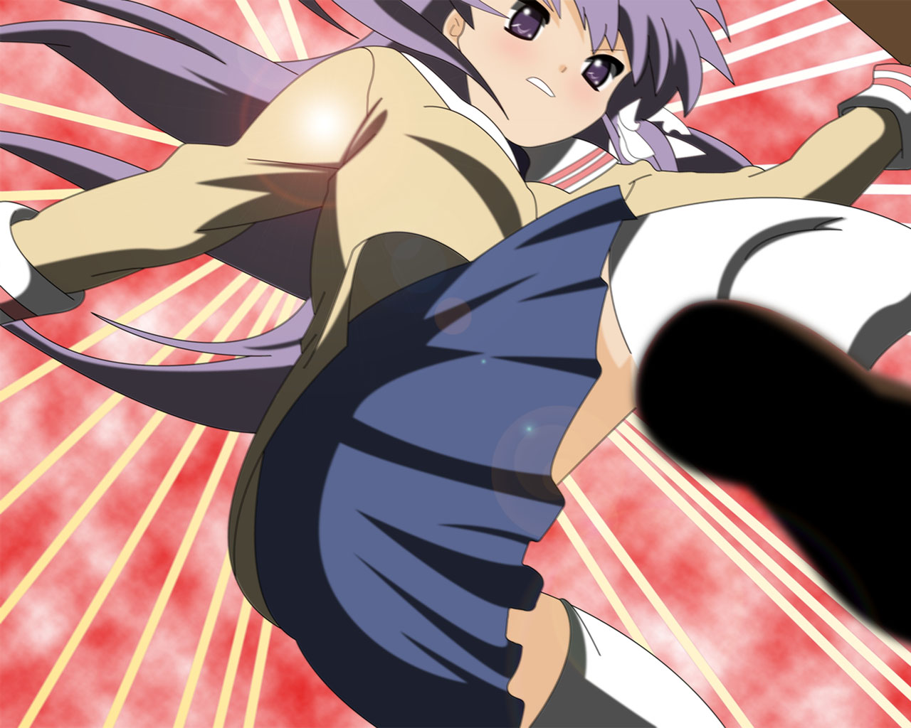 fujibayashi kyou, clannad, 00s, hair ribbon, kicking, long hair, purple eyes, purple hair, ribbon, school uniform, serafuku, solo, thighhighs