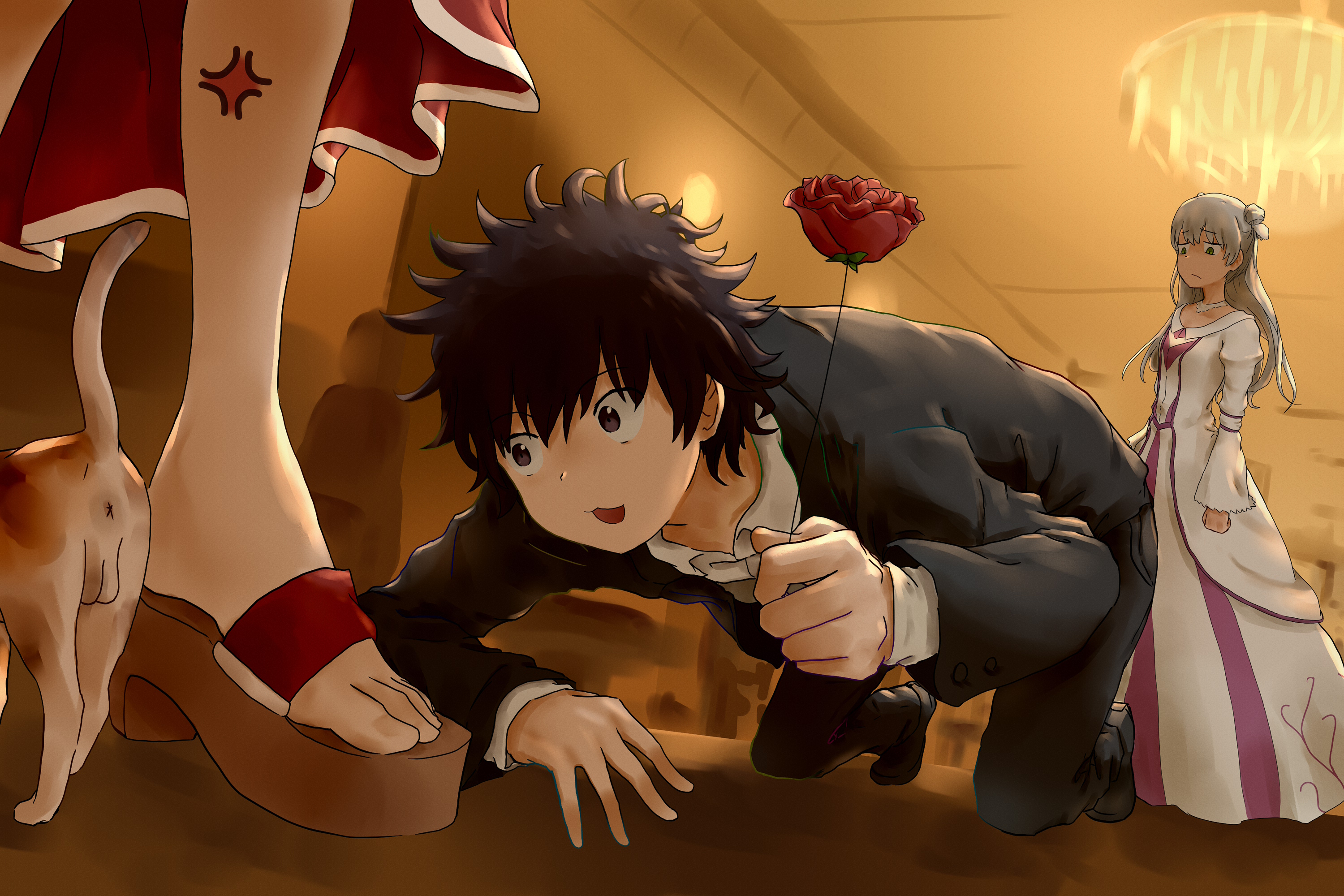 tatararashi, anna sprengel, index (toaru majutsu no index), kamijou touma, toaru majutsu no index, toaru majutsu no index: new testament, highres, 1boy, 2girls, anger vein, animal, black eyes, black hair, black jacket, black pants, black shoes, black suit, blazer, brown shoes, cat, cat testicles, collared shirt, double bun, dress, flower, formal clothes, from below, gakuran, green eyes, hair bun, hair flower, hair ornament, hanging light, holding, holding flower, jacket, long dress, long hair, long sleeves, looking at another, multiple girls, nun, official alternate costume, open clothes, open jacket, open mouth, pants, red dress, red flower, red rose, rose, sandals, school uniform, shirt, shoes, short hair, skirt, spiked hair, suit, testicles, white dress, white hair, white shirt, x anus