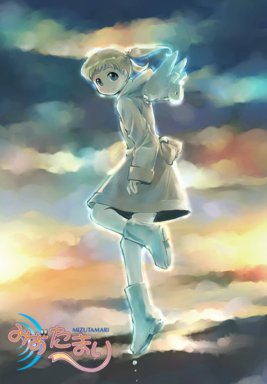 ikeda jun (mizutamari), original, artist logo, blonde hair, blue eyes, boots, cloud, flying, logo, raincoat, rubber boots, sky, smile, solo, sunset, twintails, wings