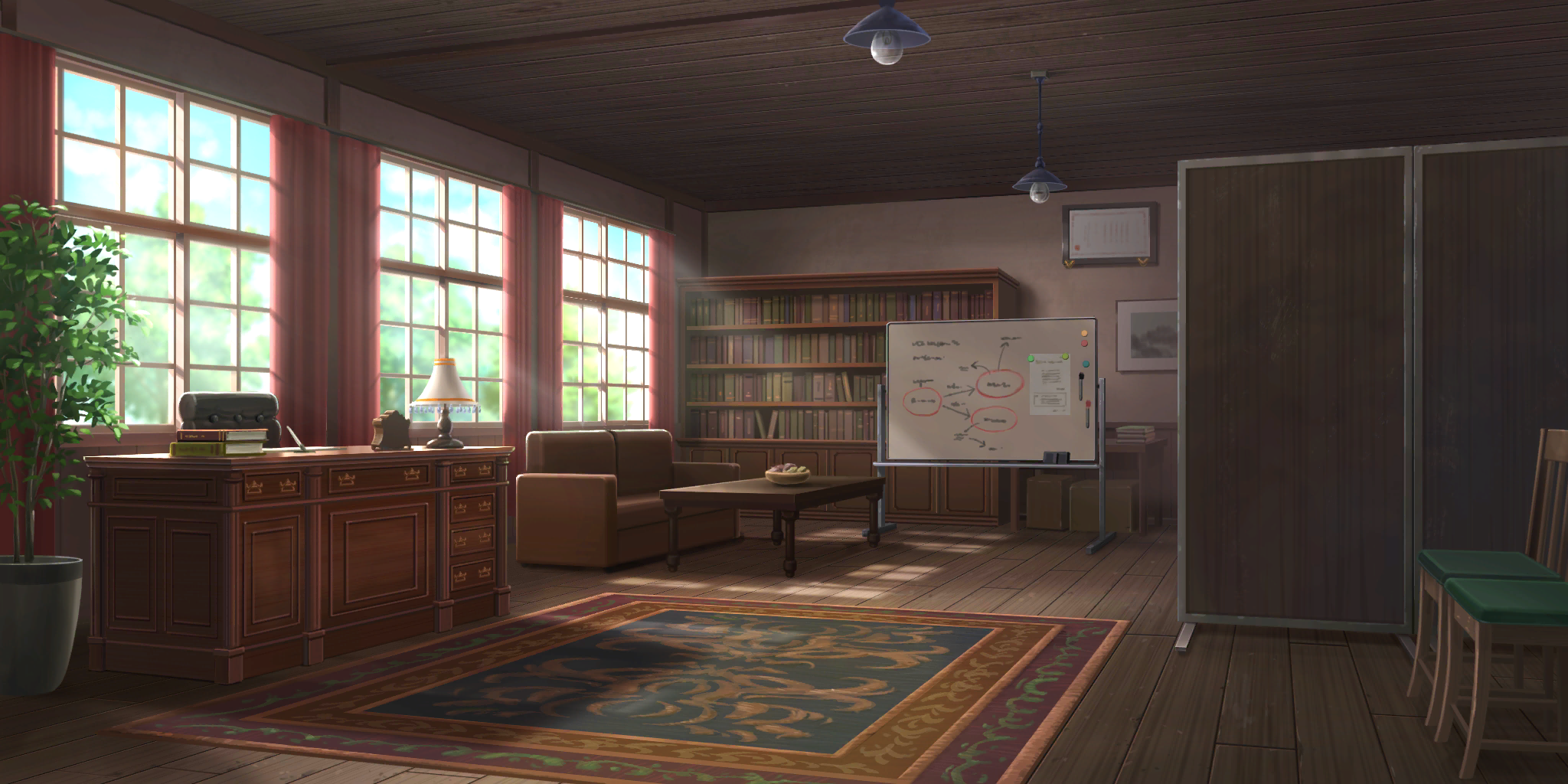 touhou, touhou lostword, artist request, game cg, highres, official art, third-party source, book, bookshelf, bowl, carpet, couch, curtains, day, desk, desk lamp, indoors, lamp, no humans, plant, potted plant, scenery, sunlight, table, whiteboard, window, wooden floor