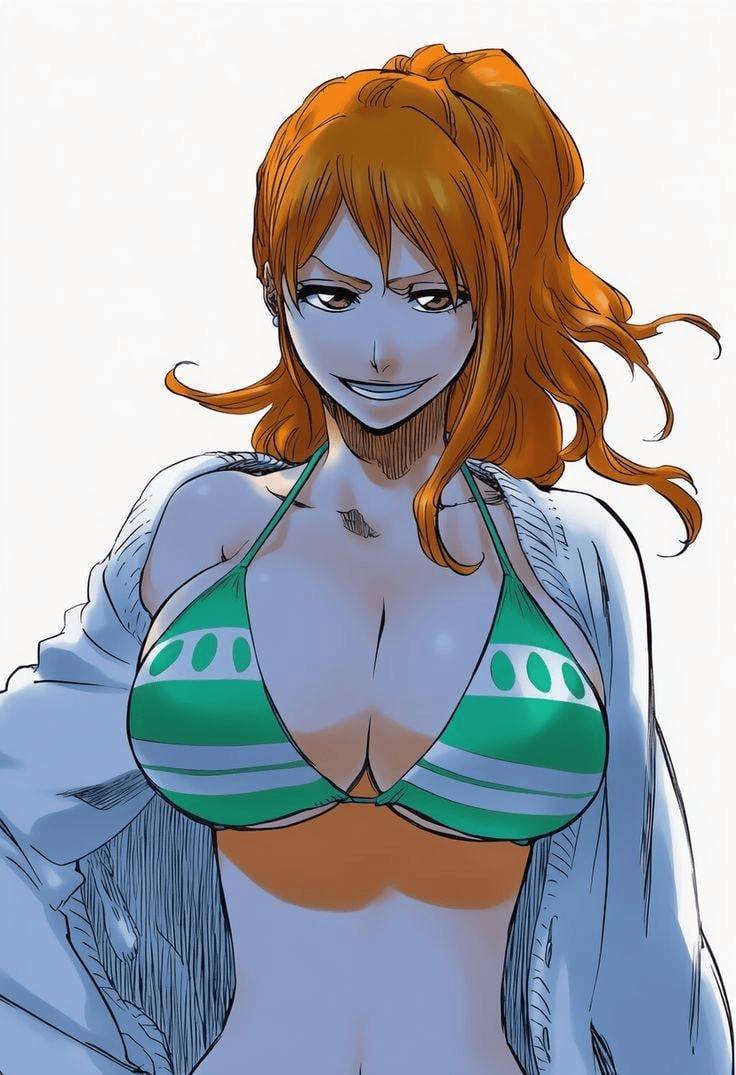 kubo tite, nami (one piece), nami (one piece) (post-timeskip), nami (one piece) (return to sabaody), one piece, bare shoulders, bikini, bikini top only, breasts, brown eyes, cleavage, large breasts, long hair, open clothes, orange hair, smile, teeth