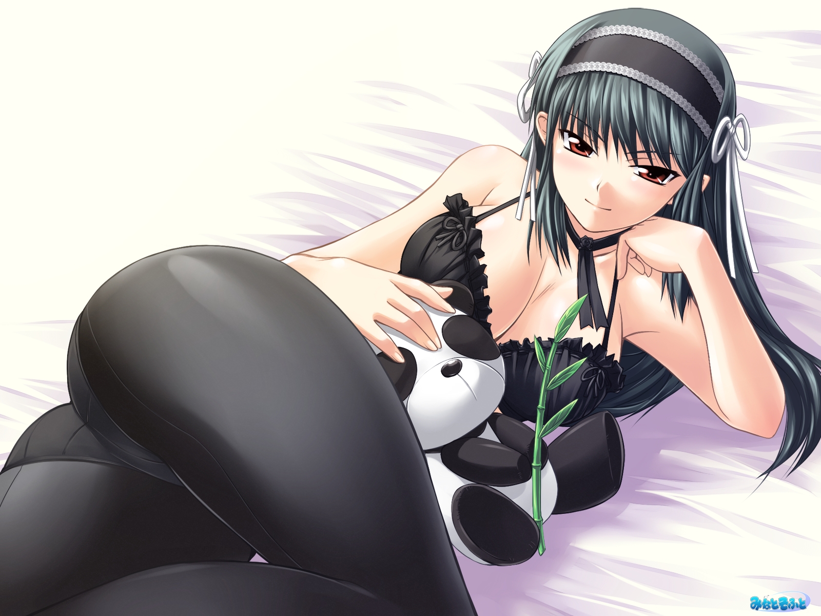 shironeko sanbou, kuonji shinra, kimi ga aruji de shitsuji ga ore de, highres, official art, official wallpaper, 00s, 1girl, ass, bed, black hair, bra, breasts, choker, cleavage, female focus, hairband, large breasts, lingerie, lolita hairband, long hair, lying, on side, panda, panties, panties under pantyhose, pantyhose, red eyes, smile, solo, stuffed animal, stuffed panda, stuffed toy, underwear