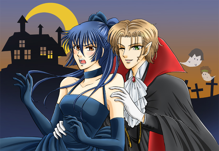 misaki youko (puru nipu), mikhail buran, misaki youko, saotome alto, macross, macross frontier, bad id, bad pixiv id, 00s, 1boy, 1girl, blonde hair, blue hair, blush, breasts, cape, collar, costume, crossdressing, genderswap, genderswap (mtf), gloves, green eyes, halloween, long hair, medium breasts, one eye closed, pointy ears, ponytail, short hair, vampire, wink, yellow eyes