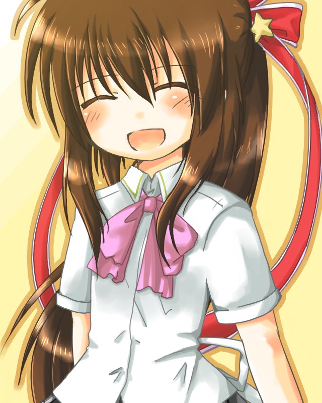hime tsuki mayu, natsume rin, little busters!, bad id, bad pixiv id, 1girl, blouse, blush, bow, brown hair, closed eyes, female focus, long hair, open mouth, pink bow, ponytail, ribbon, school uniform, serafuku, shirt, skirt, smile, solo