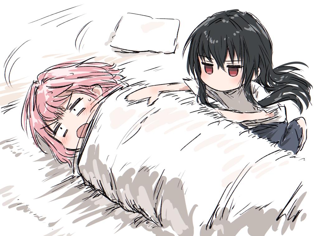 bullfalk, amaori renako, koto satsuki, watashi ga koibito ni nareru wake naijan murimuri!, commentary request, 2girls, afterimage, black hair, blonde hair, blush, green sweater vest, long hair, multiple girls, open mouth, red eyes, rolling, shirt, short hair, sweatdrop, sweater vest, v-shaped eyebrows, white shirt, wrapped in blanket