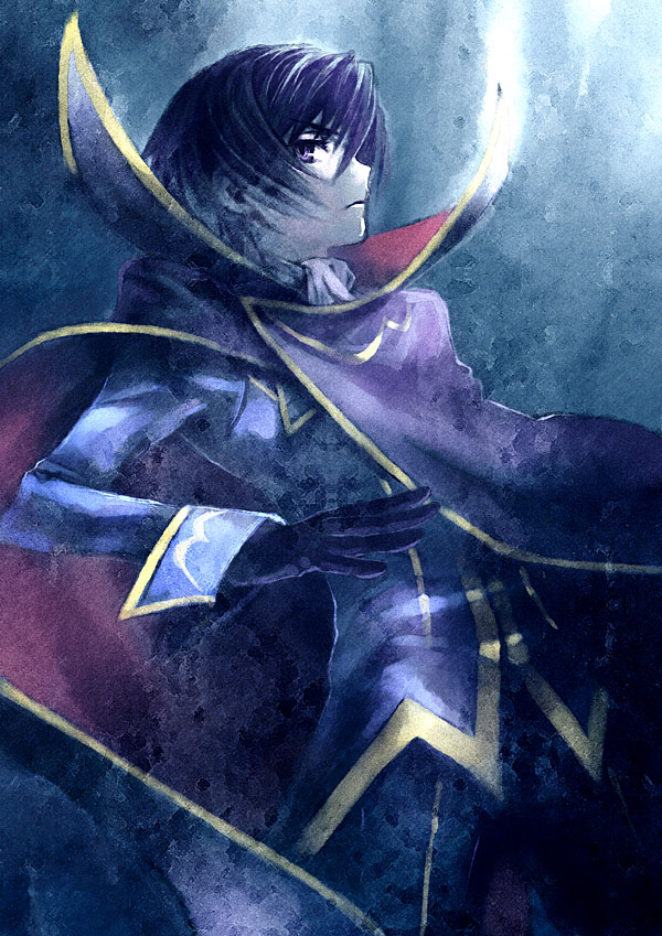 fujikawa akira, lelouch vi britannia, code geass, uniform, 00s, 1boy, ascot, black gloves, black pants, cape, closed mouth, cowboy shot, from side, gloves, gradient background, hair between eyes, long sleeves, looking at viewer, looking to the side, male focus, pale skin, pants, purple eyes, purple hair, serious, solo, standing