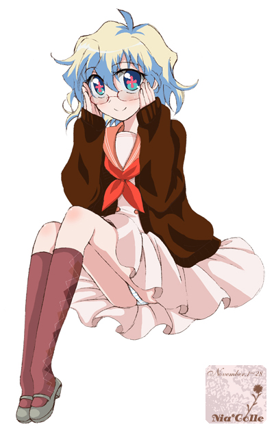 hazuki (pacco), nia teppelin, tengen toppa gurren lagann, bad id, bad pixiv id, 00s, cardigan, dress, glasses, mary janes, multicolored hair, panties, pantyshot, school uniform, serafuku, shoes, short hair, sitting, smile, socks, solo, underwear